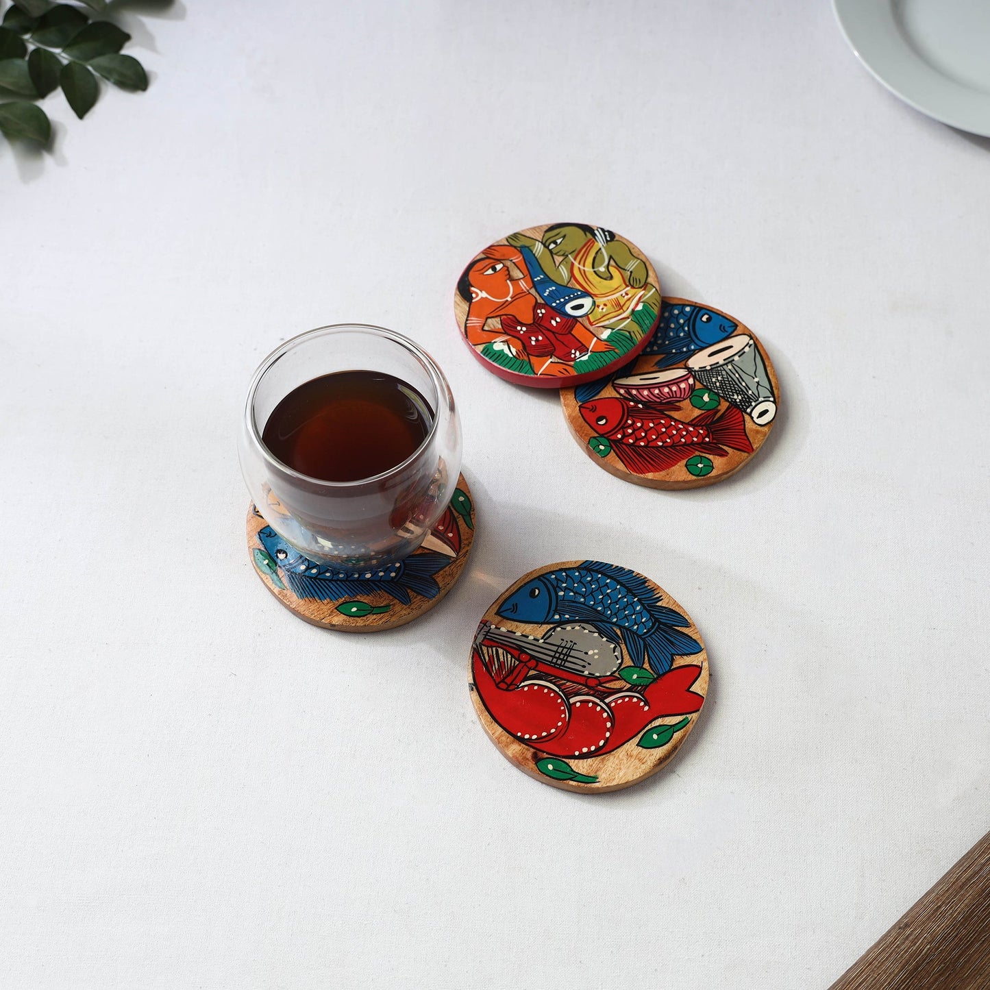 Bengal patua handpainted akashmoni wooden coasters (set