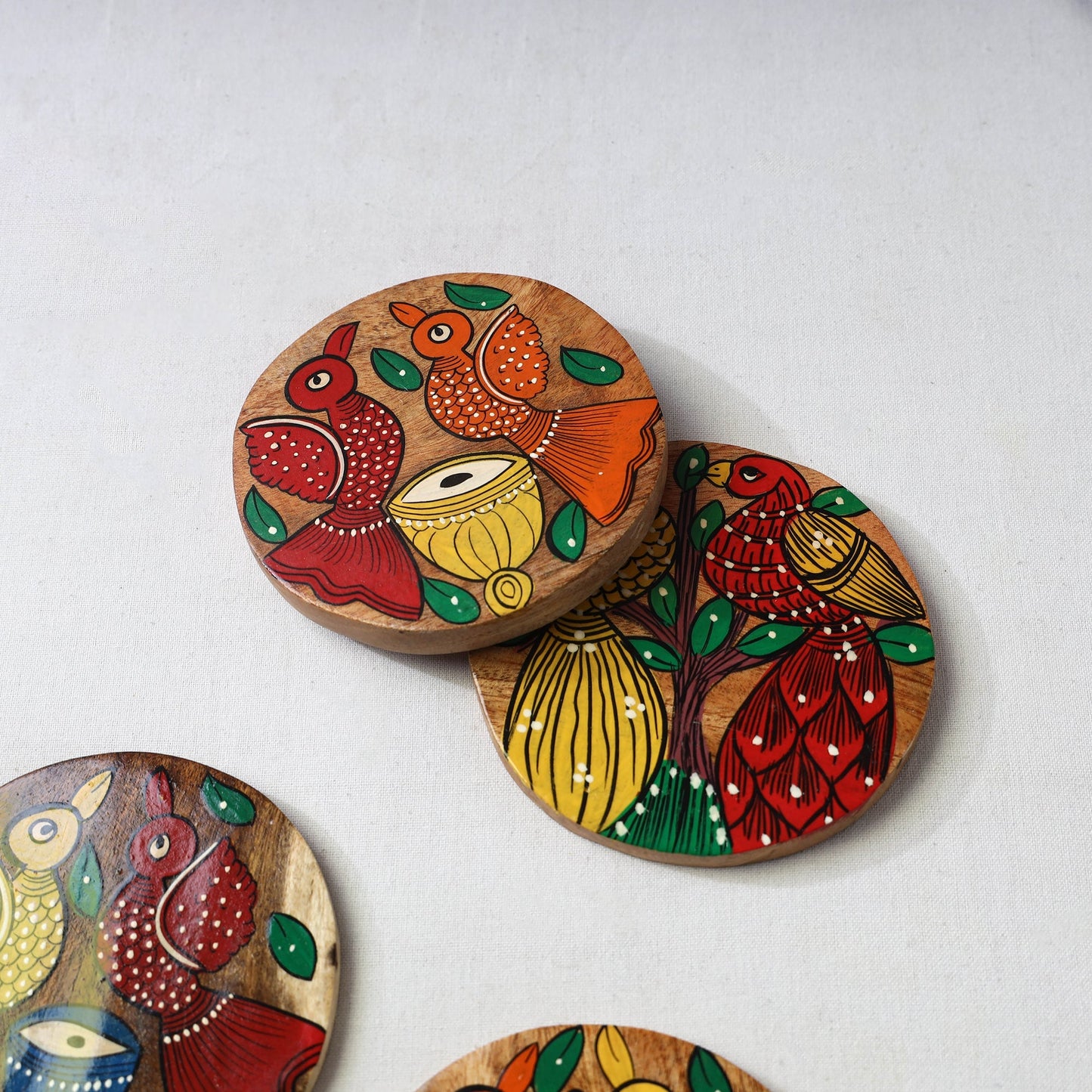 Bengal patua handpainted akashmoni wooden coasters (set