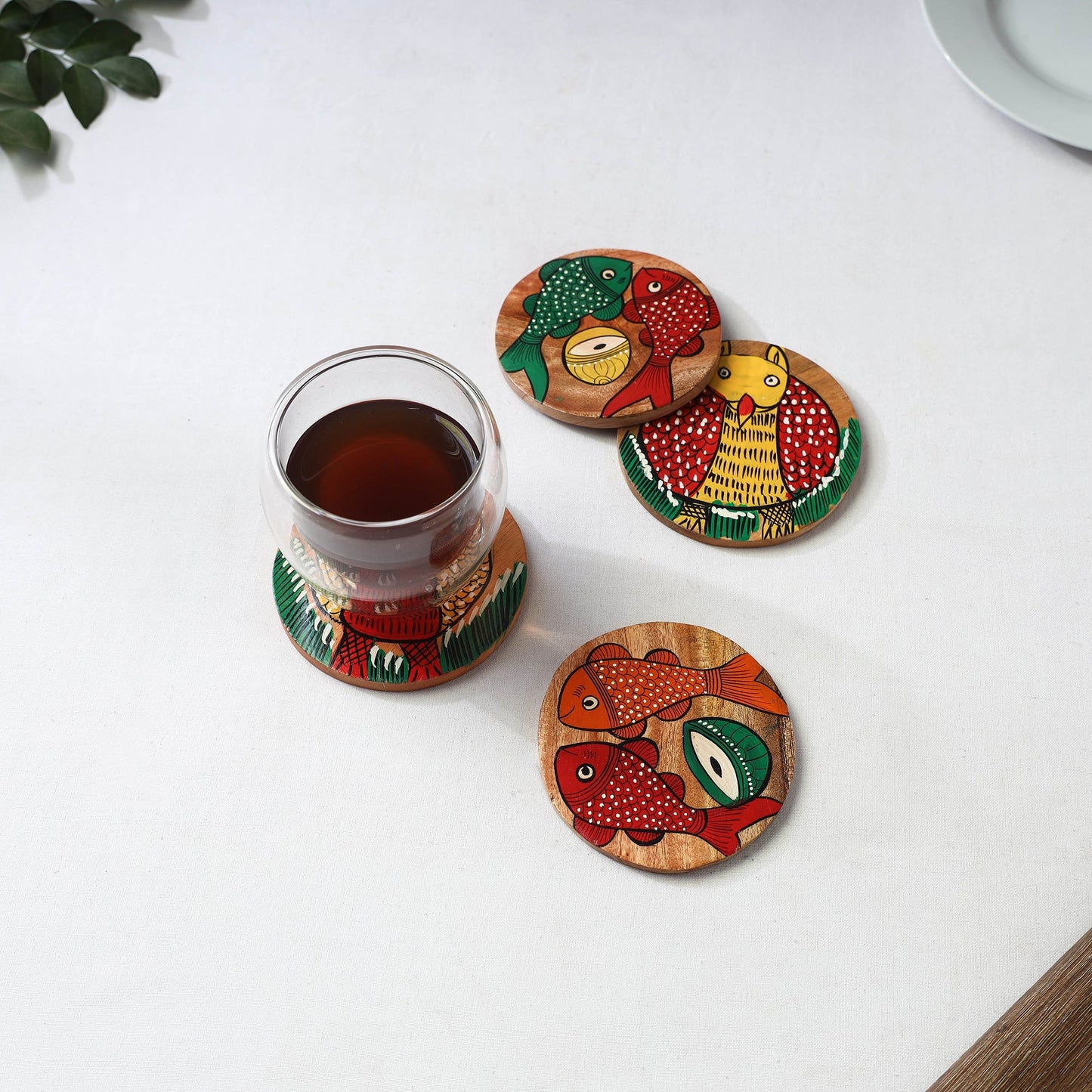 Bengal patua handpainted akashmoni wooden coasters (set