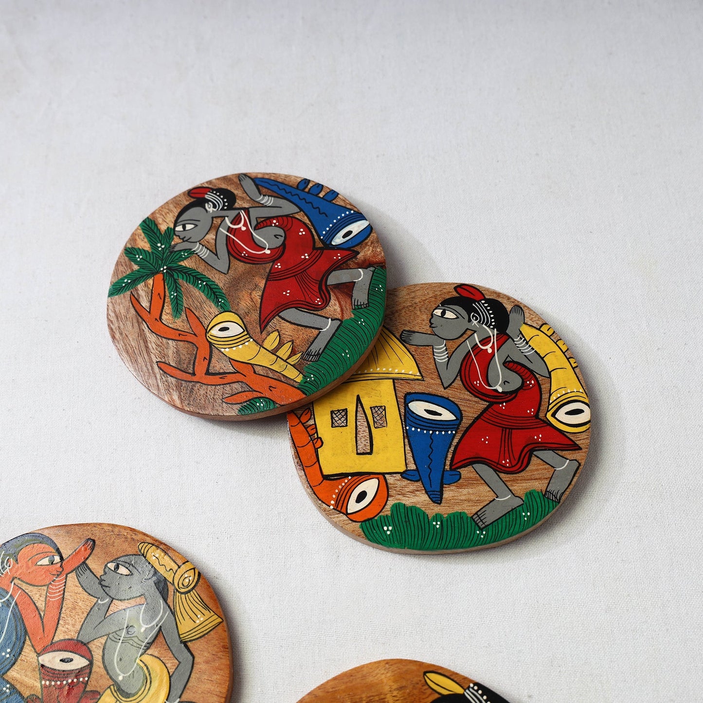 Bengal patua handpainted akashmoni wooden coasters (set