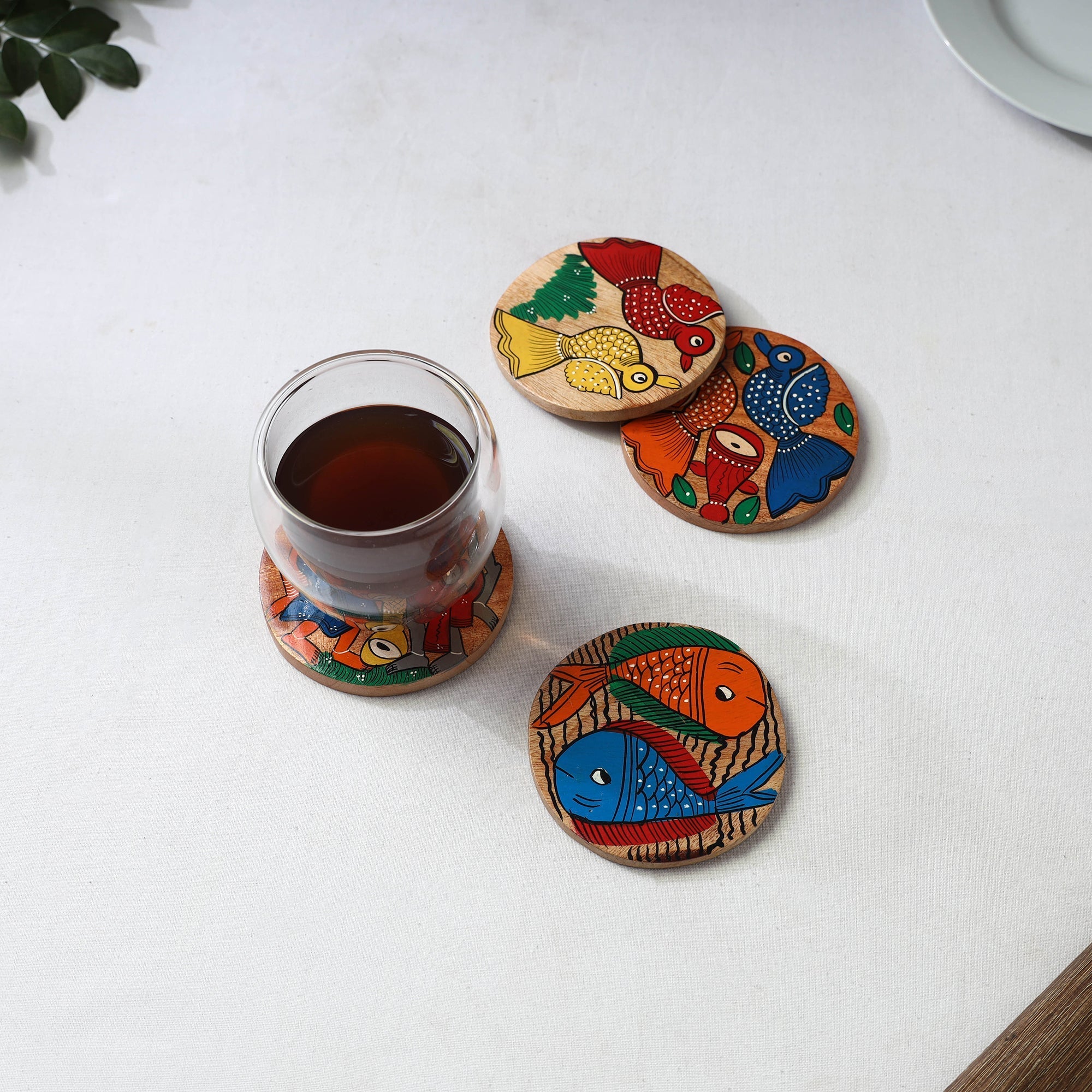 Bengal patua handpainted akashmoni wooden coasters (set
