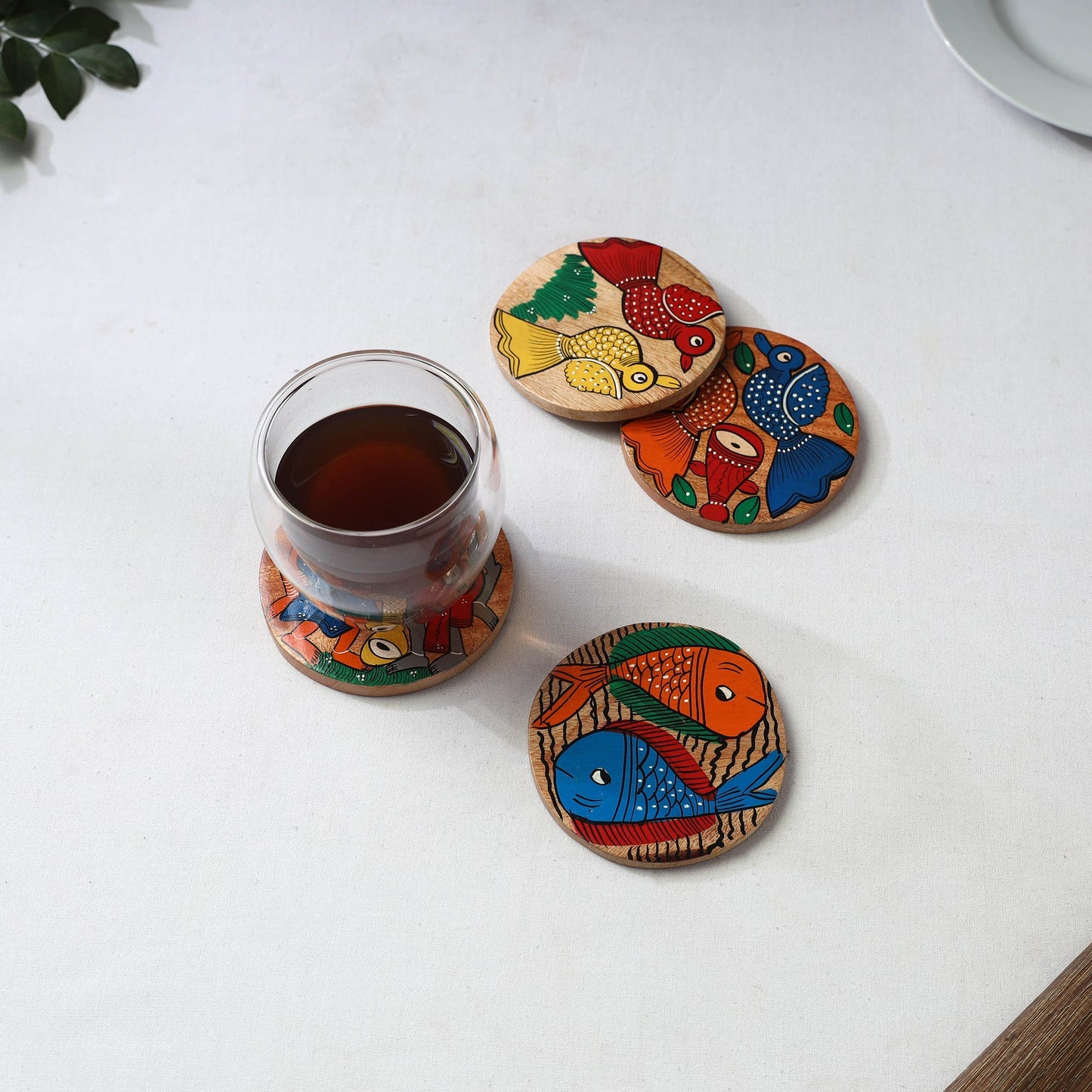 Bengal patua handpainted akashmoni wooden coasters (set