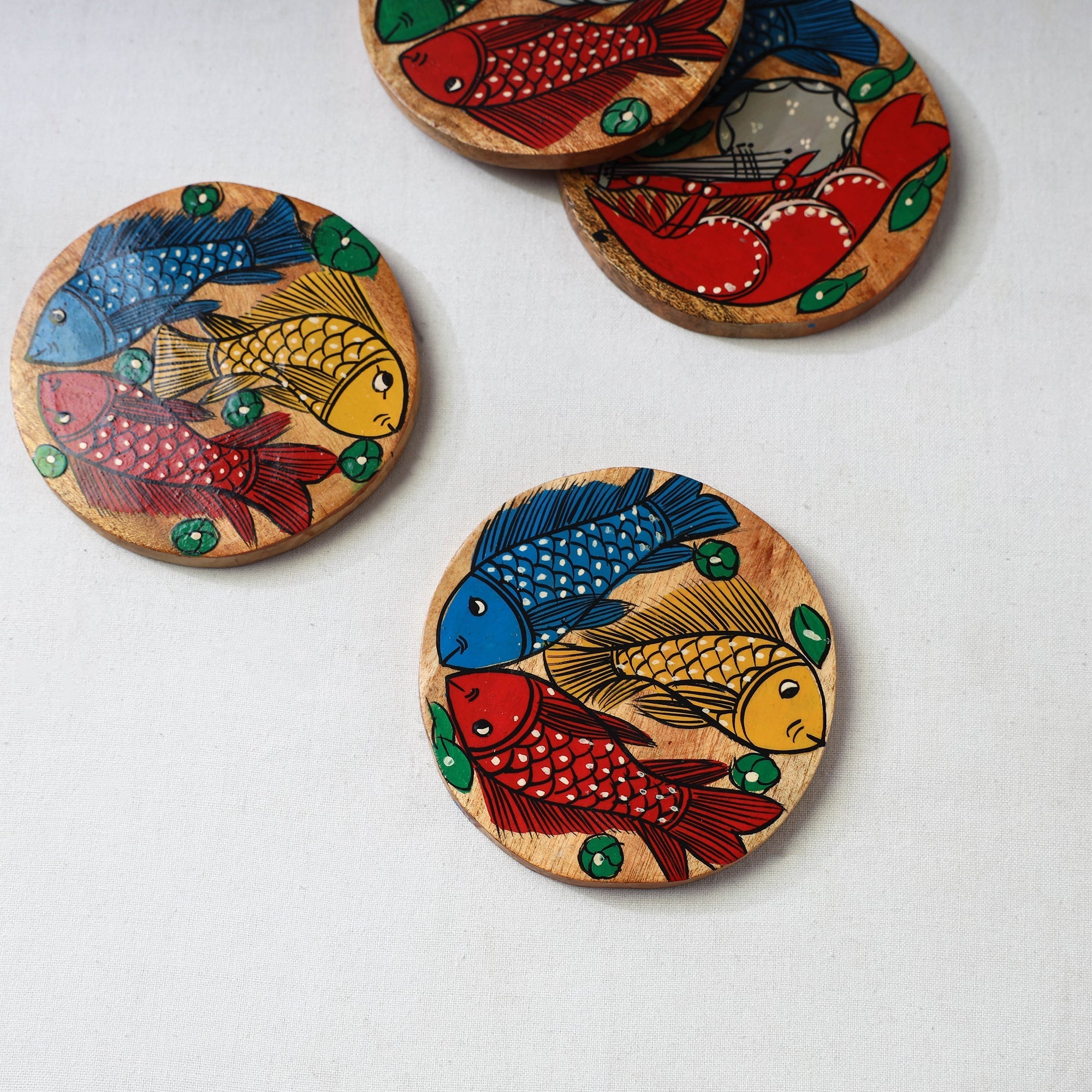 Bengal patua handpainted akashmoni wooden coasters (set