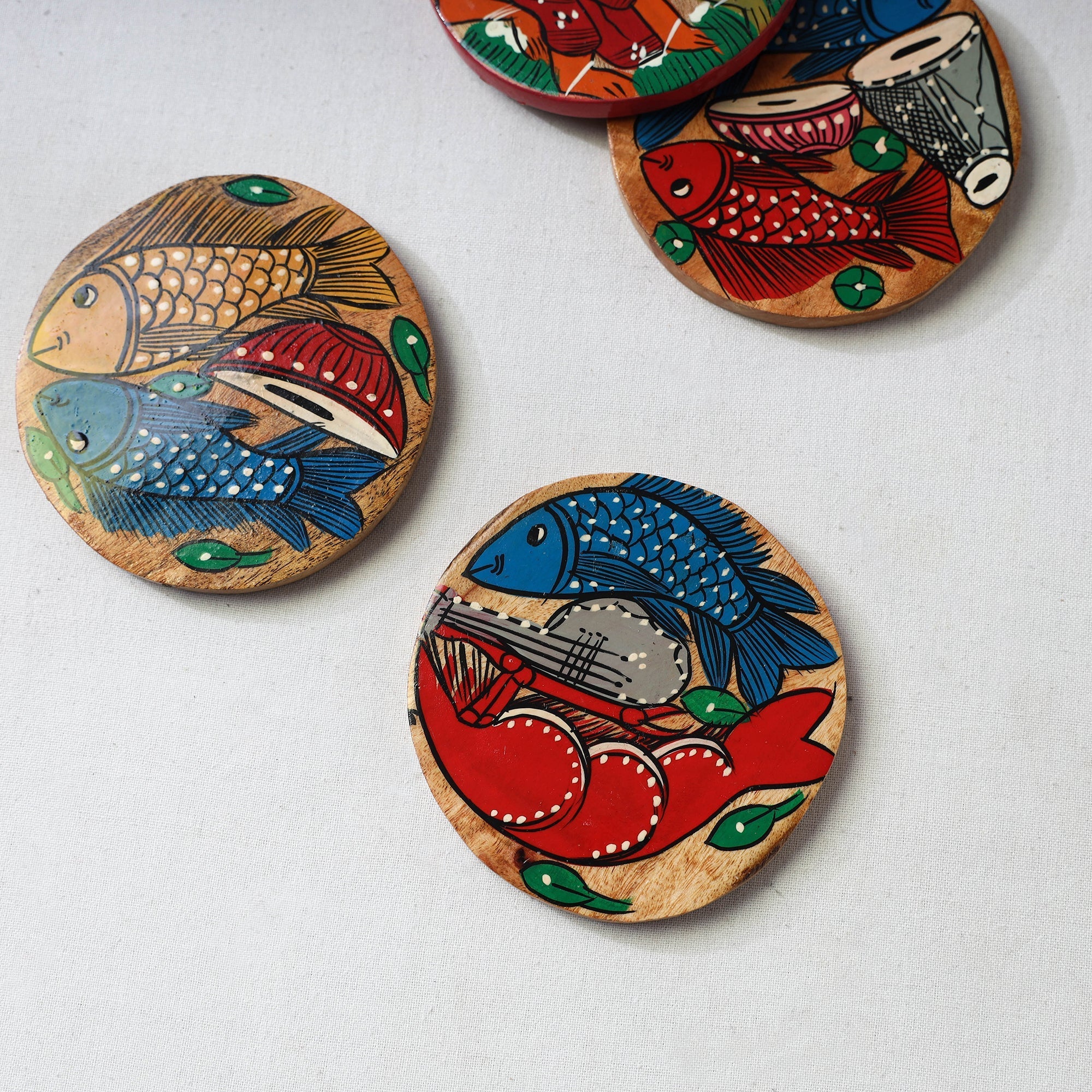 Bengal patua handpainted akashmoni wooden coasters (set