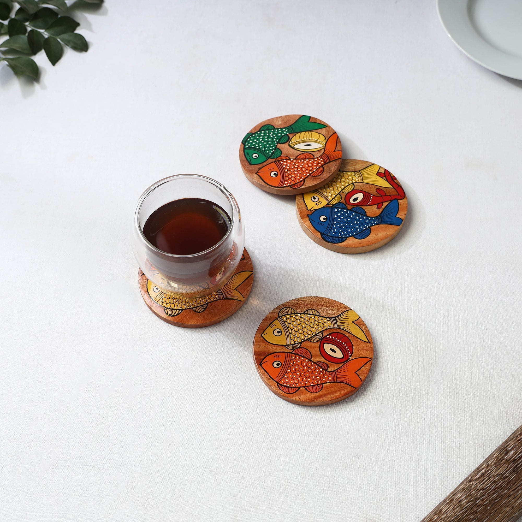 Bengal patua handpainted akashmoni wooden coasters (set