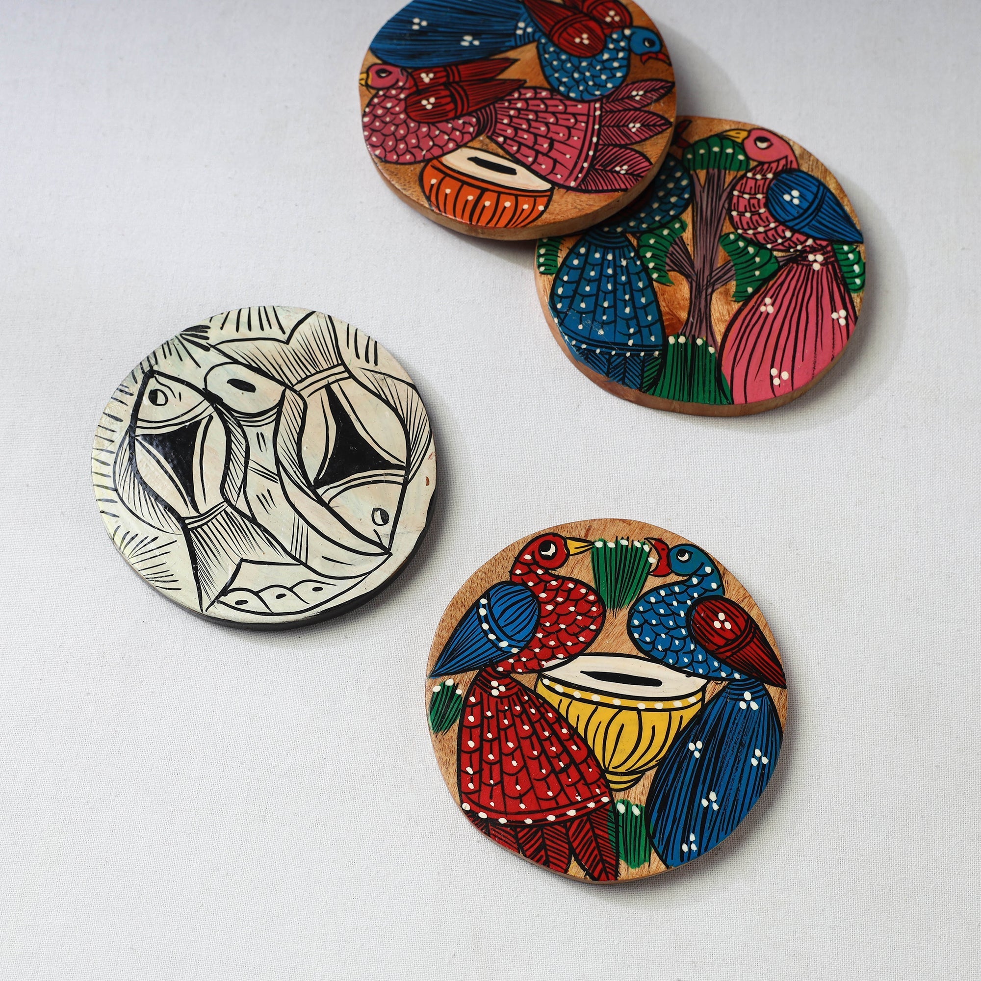Bengal patua handpainted akashmoni wooden coasters (set