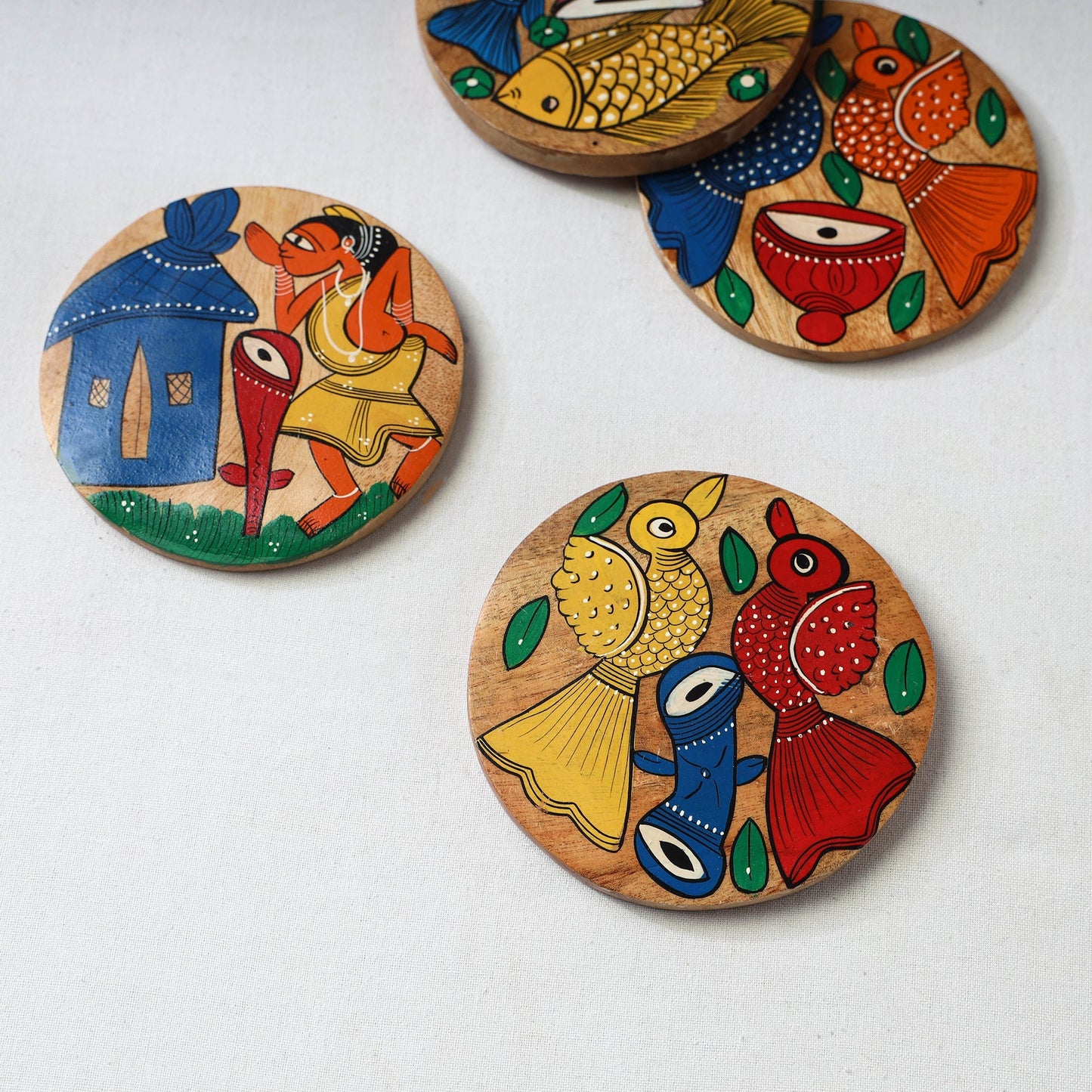 Bengal patua handpainted akashmoni wooden coasters (set