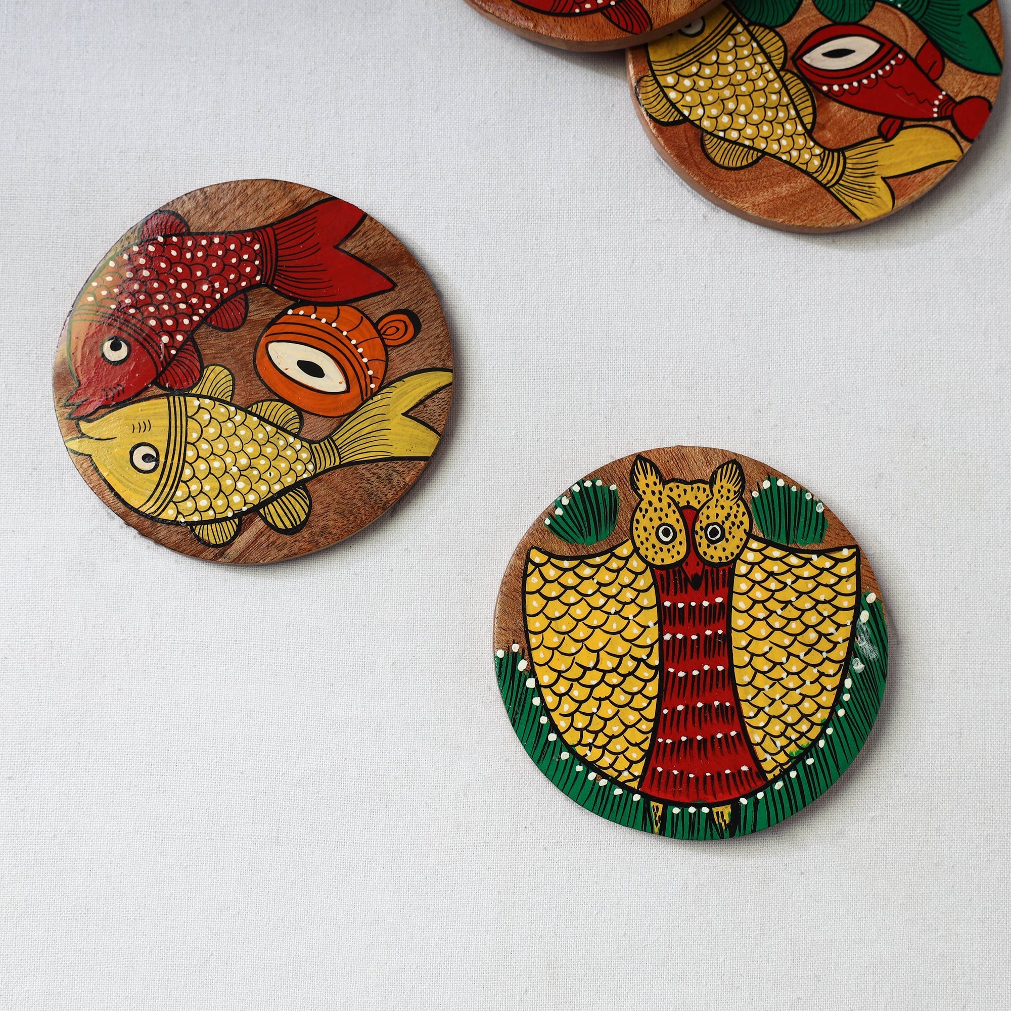 Bengal patua handpainted akashmoni wooden coasters (set