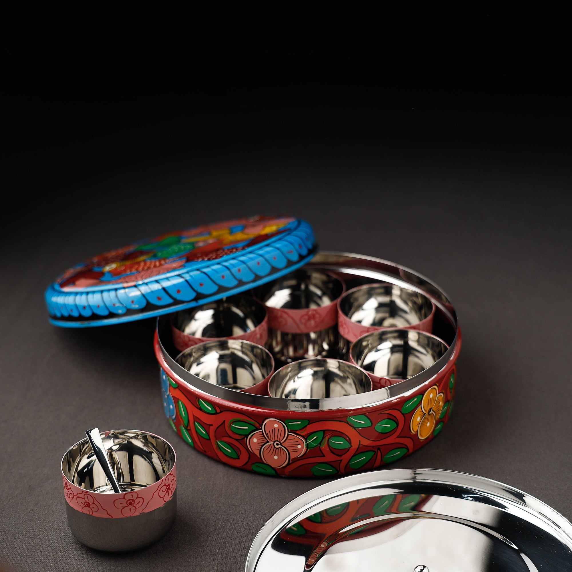 Bengal Patua Handpainted Stainless Steel Multicolor Masala Box