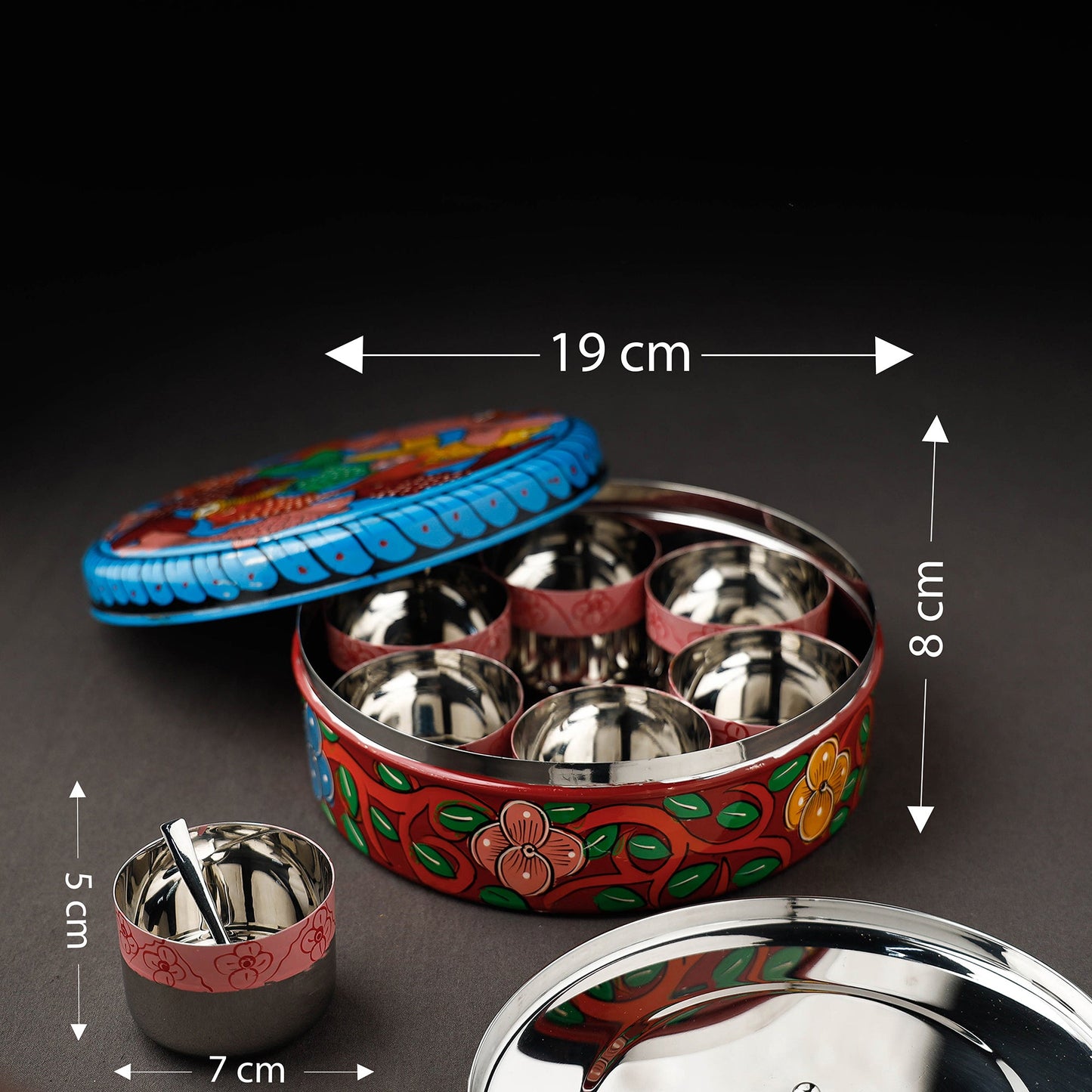 Bengal Patua Handpainted Stainless Steel Multicolor Masala Box