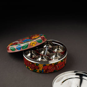 Bengal Patua Handpainted Stainless Steel Multicolor Masala Box