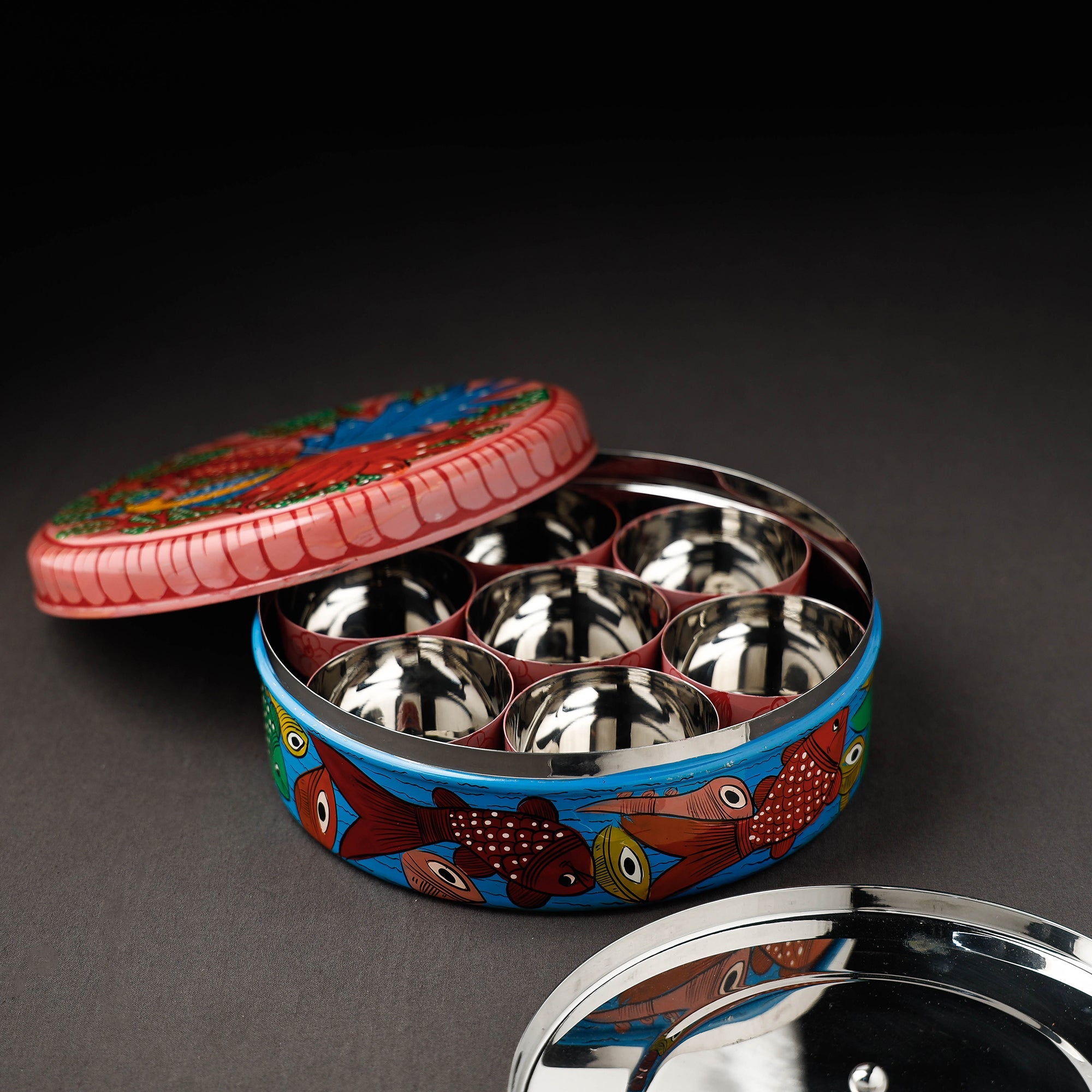 Bengal Patua Handpainted Stainless Steel Multicolor Masala Box