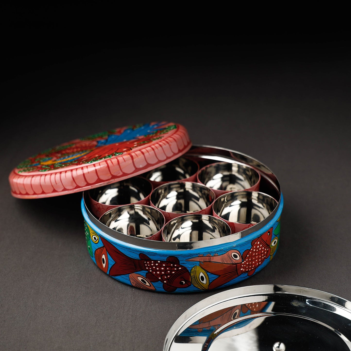 Bengal Patua Handpainted Stainless Steel Multicolor Masala Box