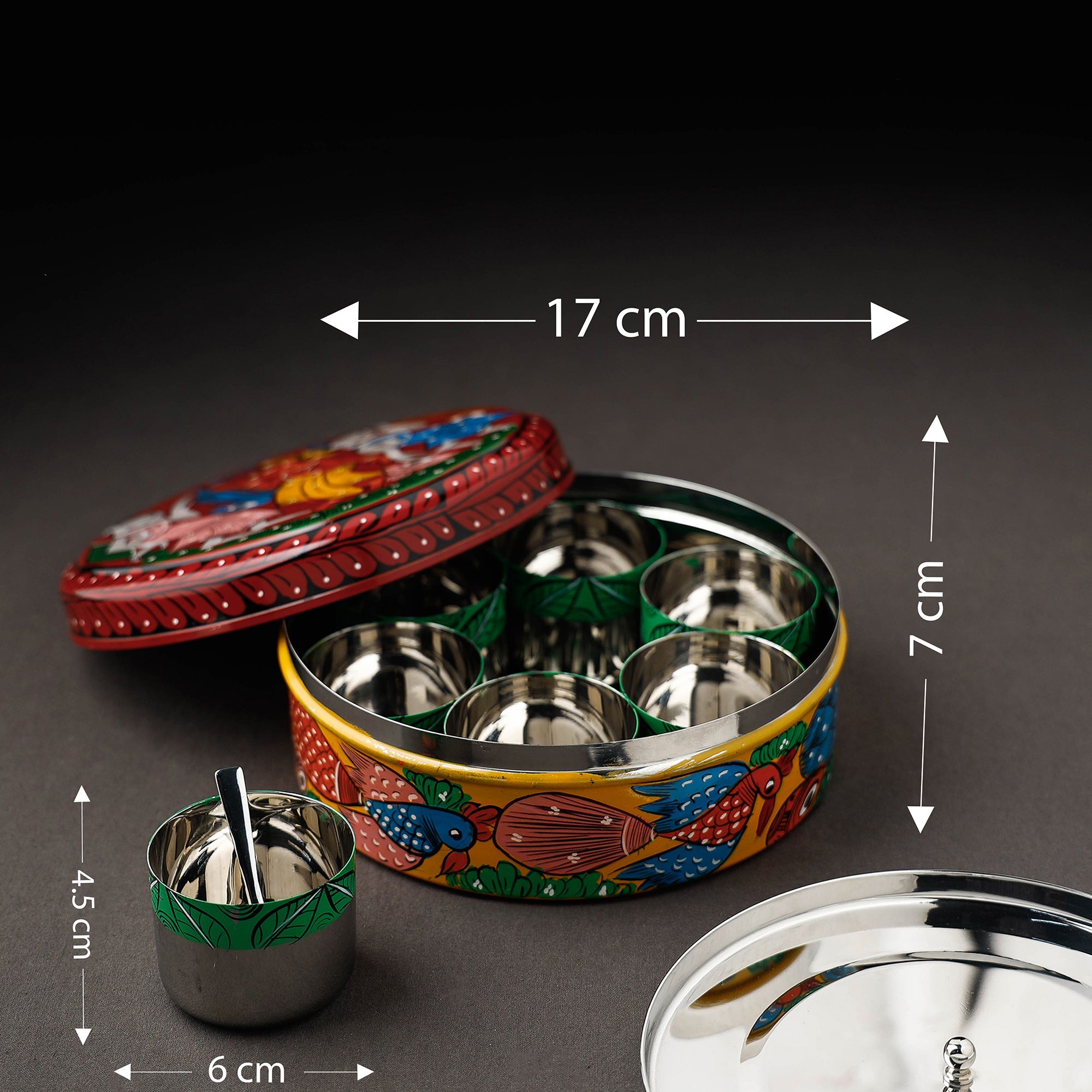 Bengal Patua Handpainted Stainless Steel Multicolor Masala Box