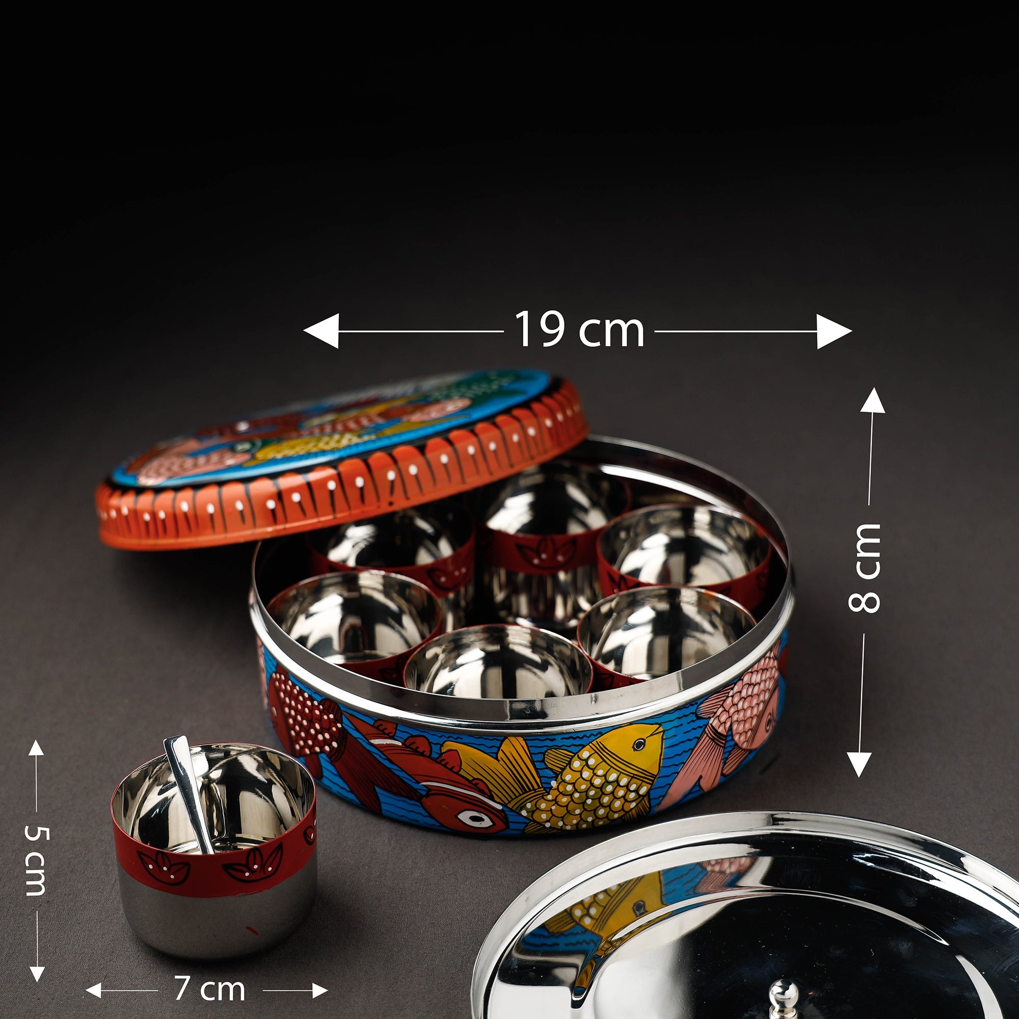 Bengal Patua Handpainted Stainless Steel Multicolor Masala Box
