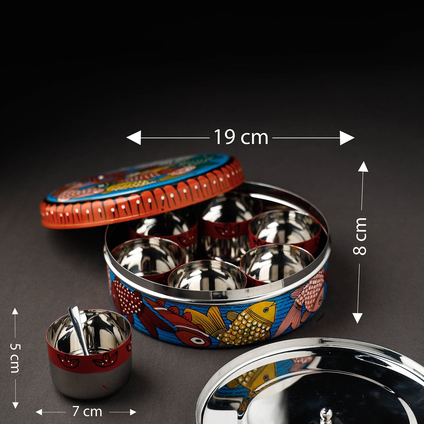 Bengal Patua Handpainted Stainless Steel Multicolor Masala Box