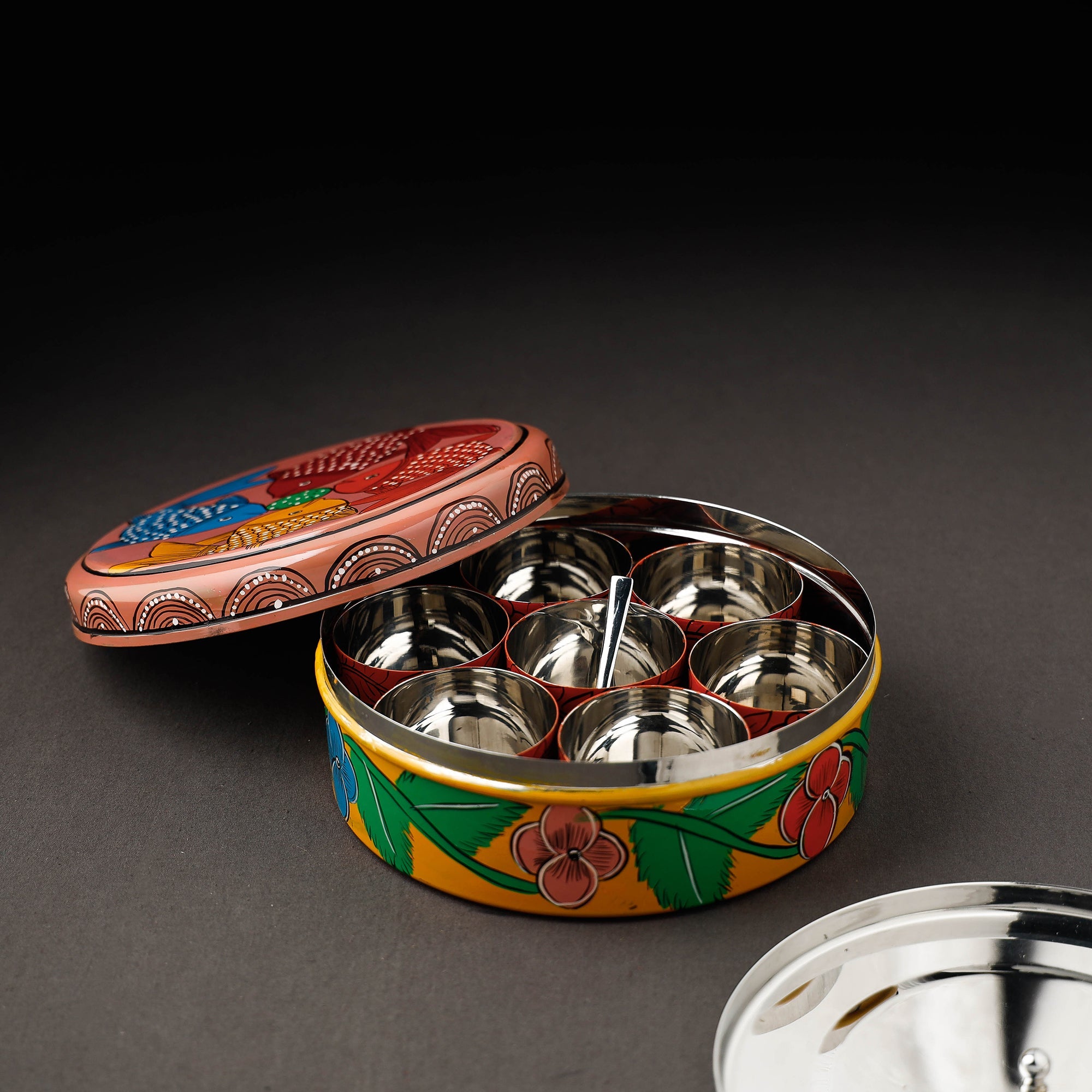 Bengal Patua Handpainted Stainless Steel Multicolor Masala Box 