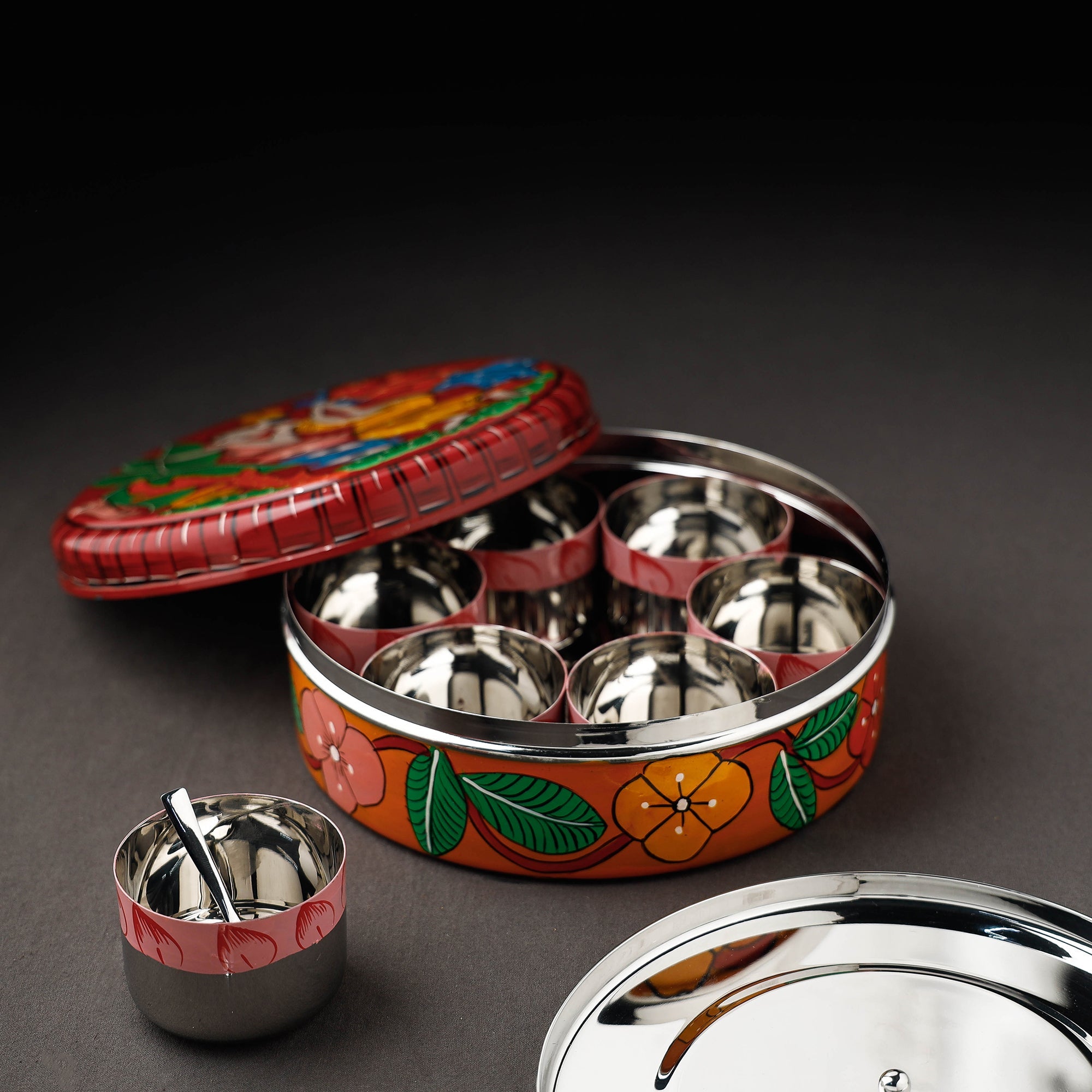  Bengal Patua Handpainted Stainless Steel Multicolor Masala Box