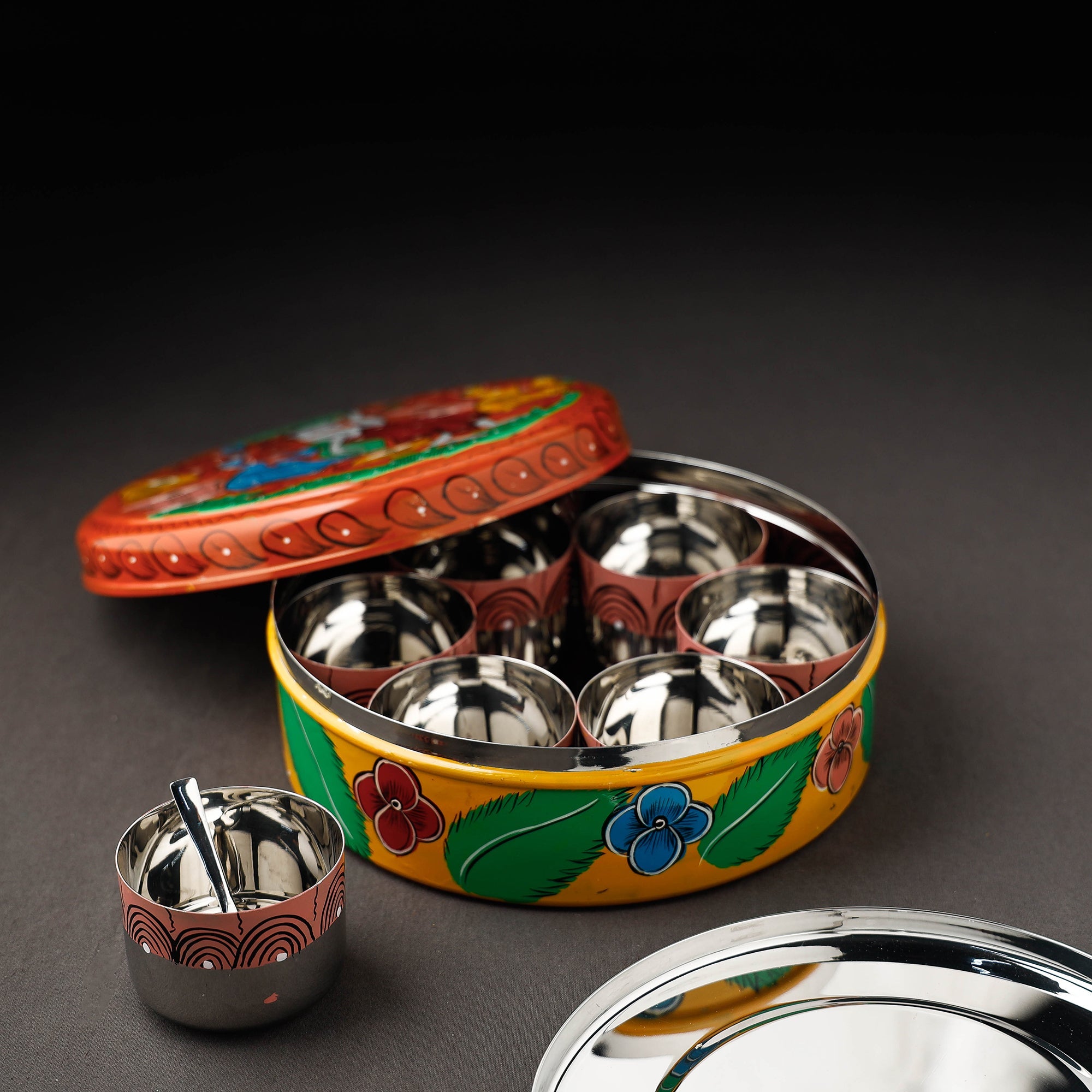 Bengal Patua Handpainted Stainless Steel Multicolor Masala Box