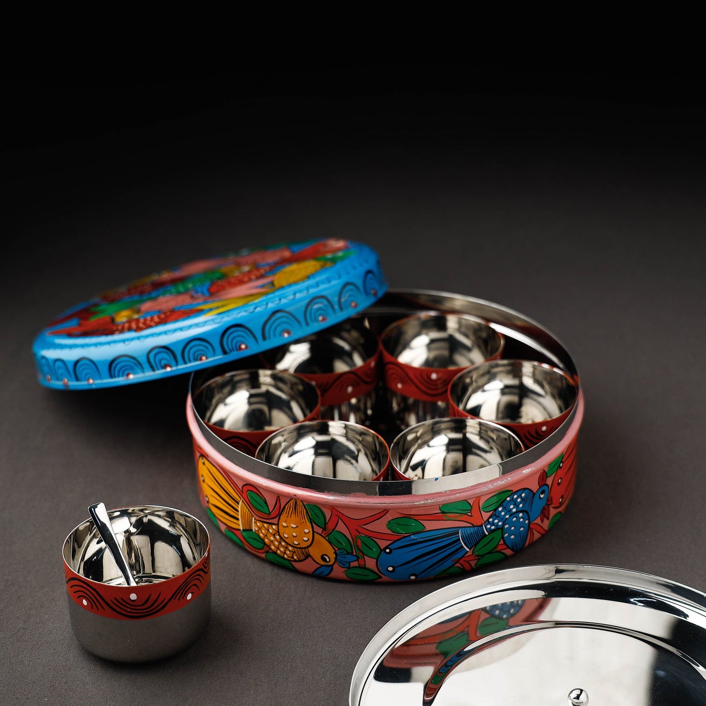 Bengal Patua Handpainted Stainless Steel Multicolor Masala Box