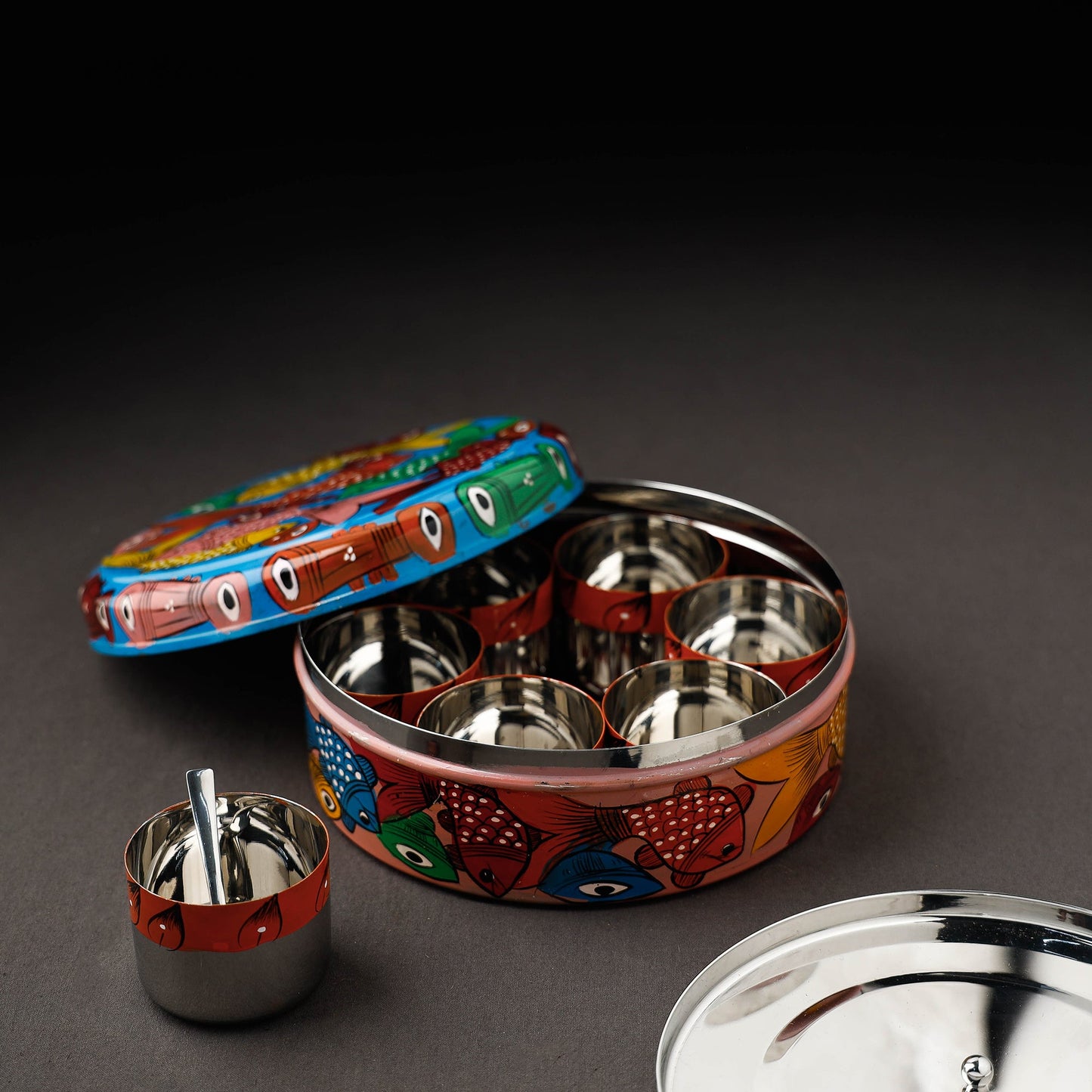 Bengal Patua Handpainted Stainless Steel Multicolor Masala Box