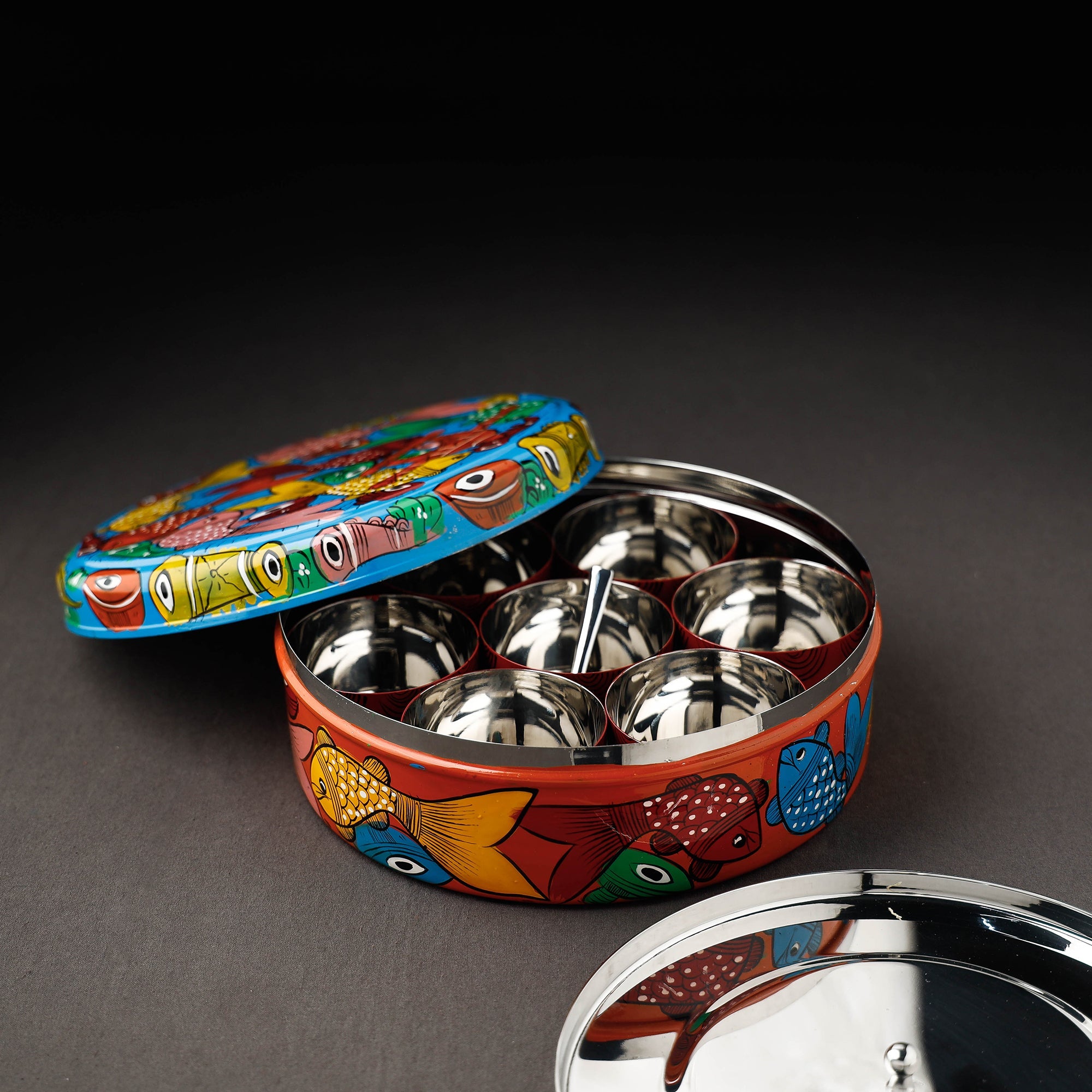 Bengal Patua Handpainted Stainless Steel Multicolor Masala Box
