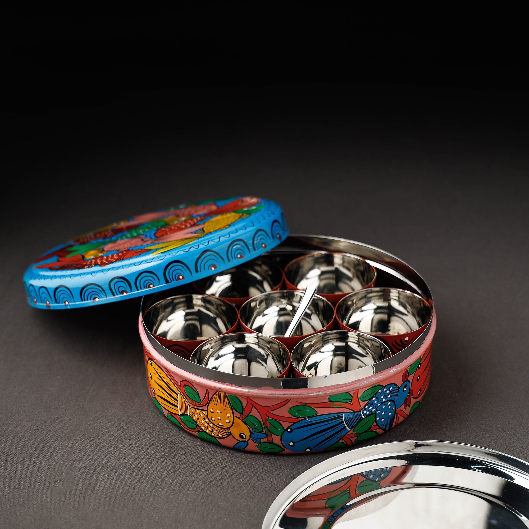 Bengal Patua Handpainted Stainless Steel Multicolor Masala Box