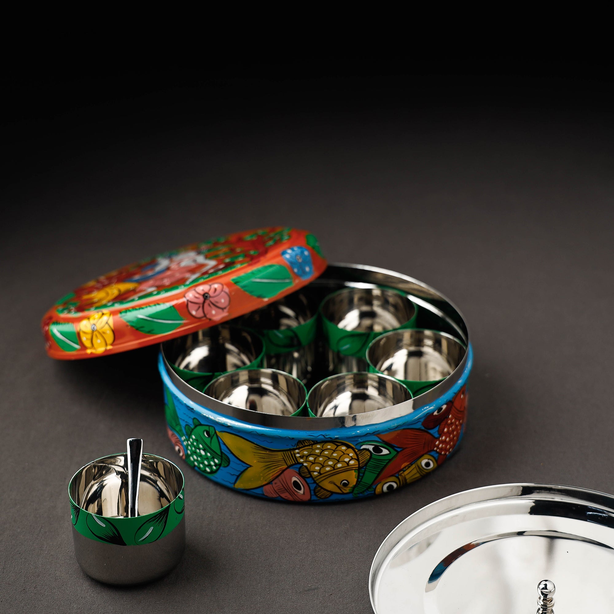 Bengal Patua Handpainted Stainless Steel Multicolor Masala Box 