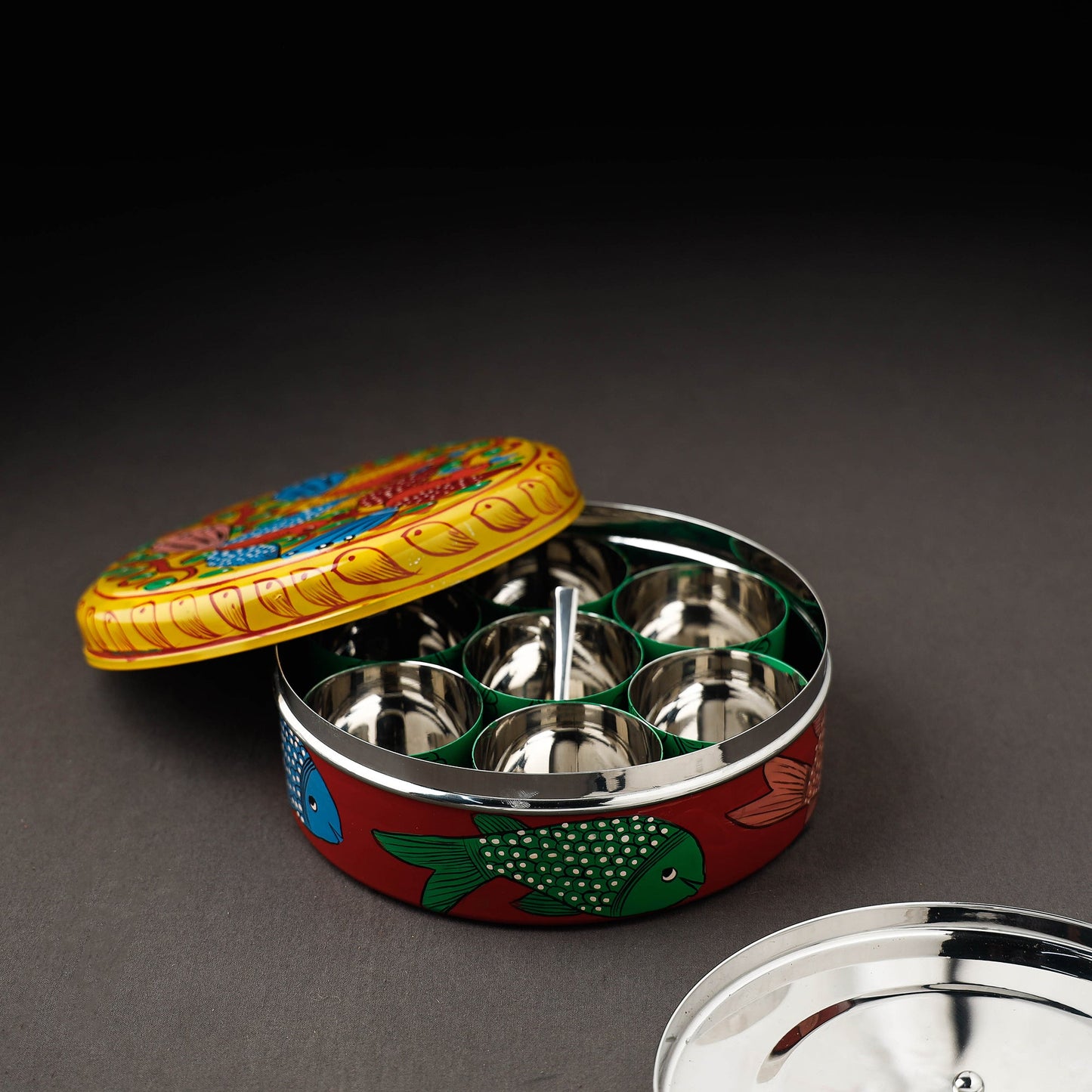 Bengal Patua Handpainted Stainless Steel Multicolor Masala Box