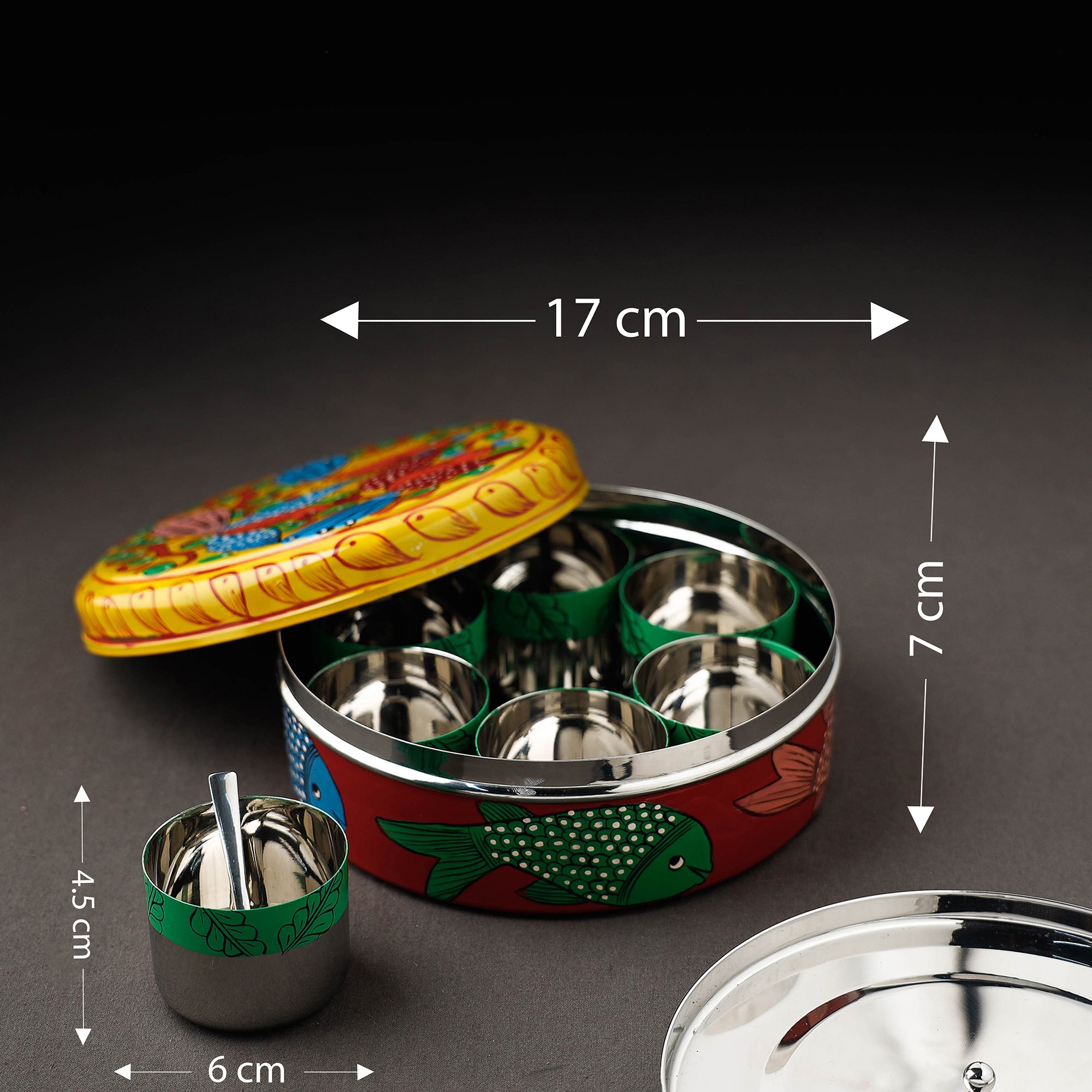 Bengal Patua Handpainted Stainless Steel Multicolor Masala Box
