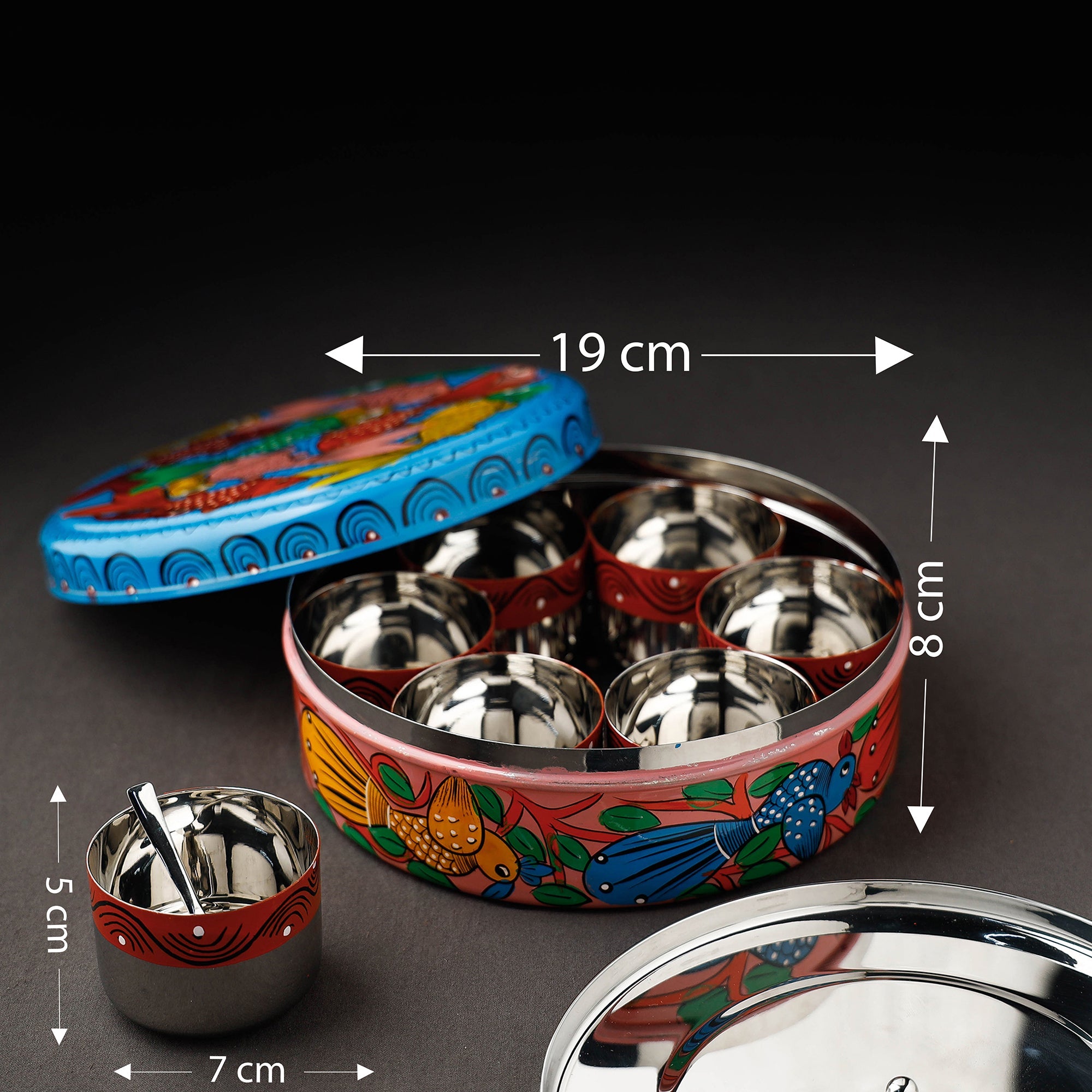 Bengal Patua Handpainted Stainless Steel Multicolor Masala Box