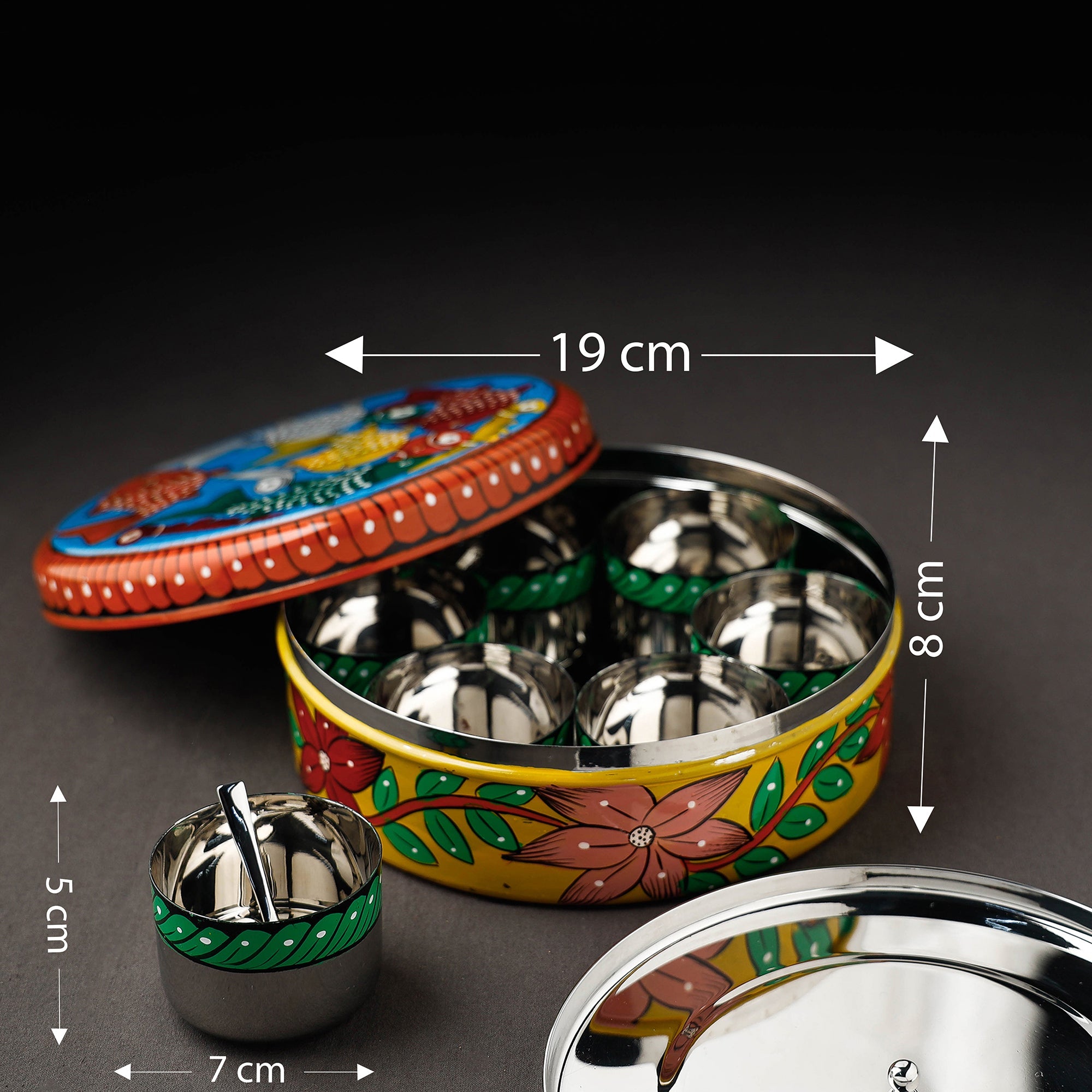 Bengal Patua Multicolor Handpainted Stainless Steel Masala Box 