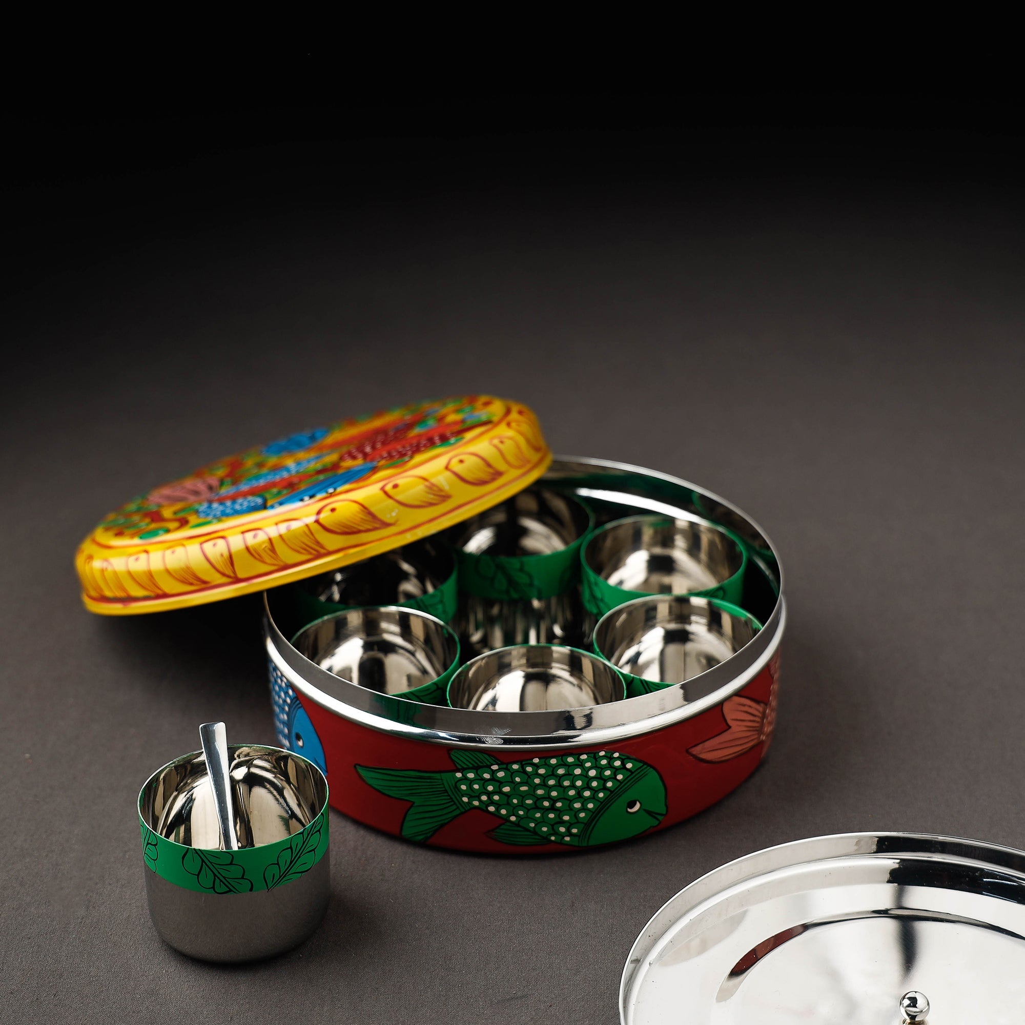 Bengal Patua Handpainted Stainless Steel Multicolor Masala Box
