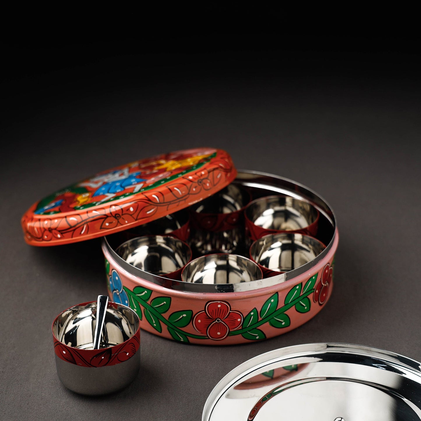 Bengal Patua Multicolor Handpainted Stainless Steel Masala Box