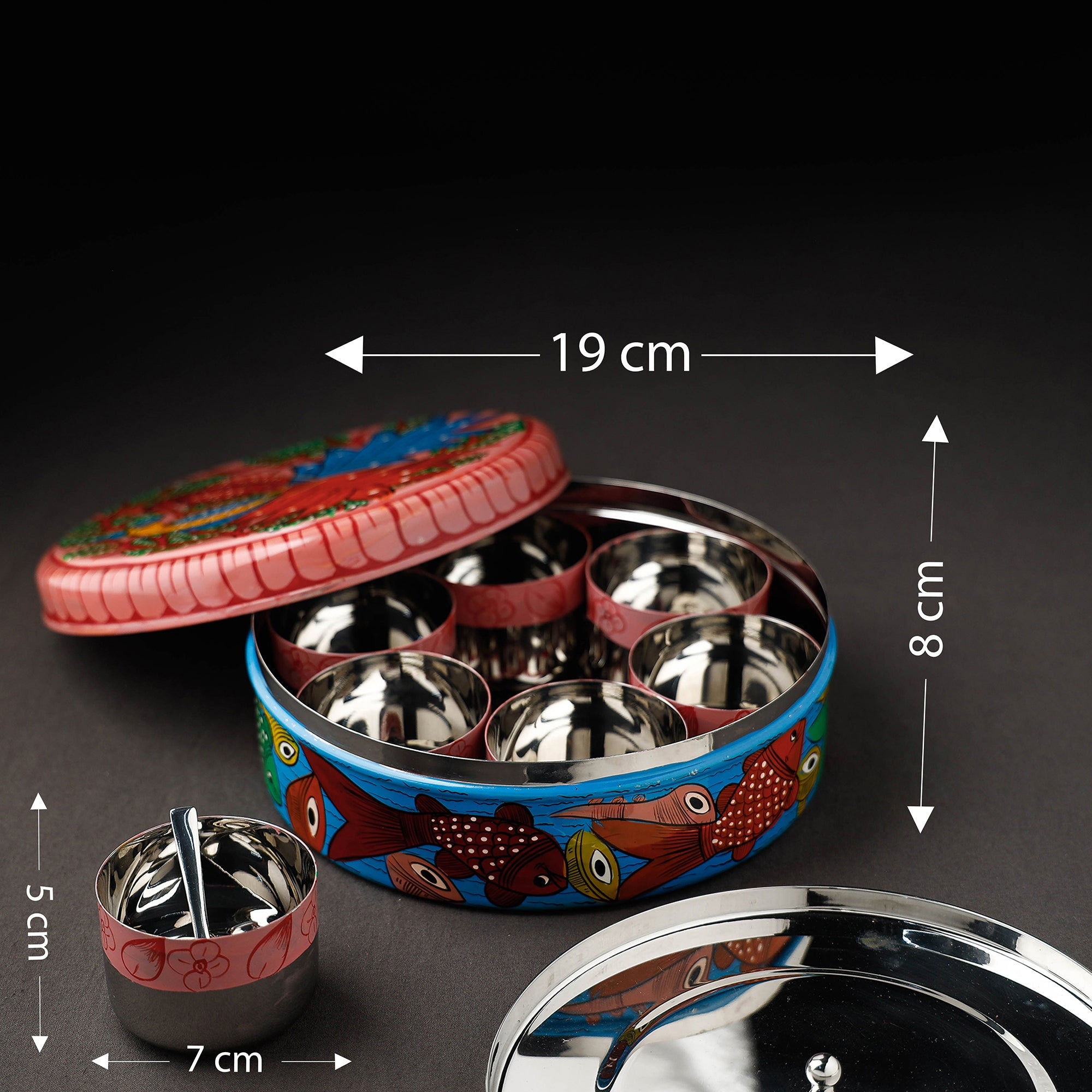 Bengal Patua Handpainted Stainless Steel Multicolor Masala Box