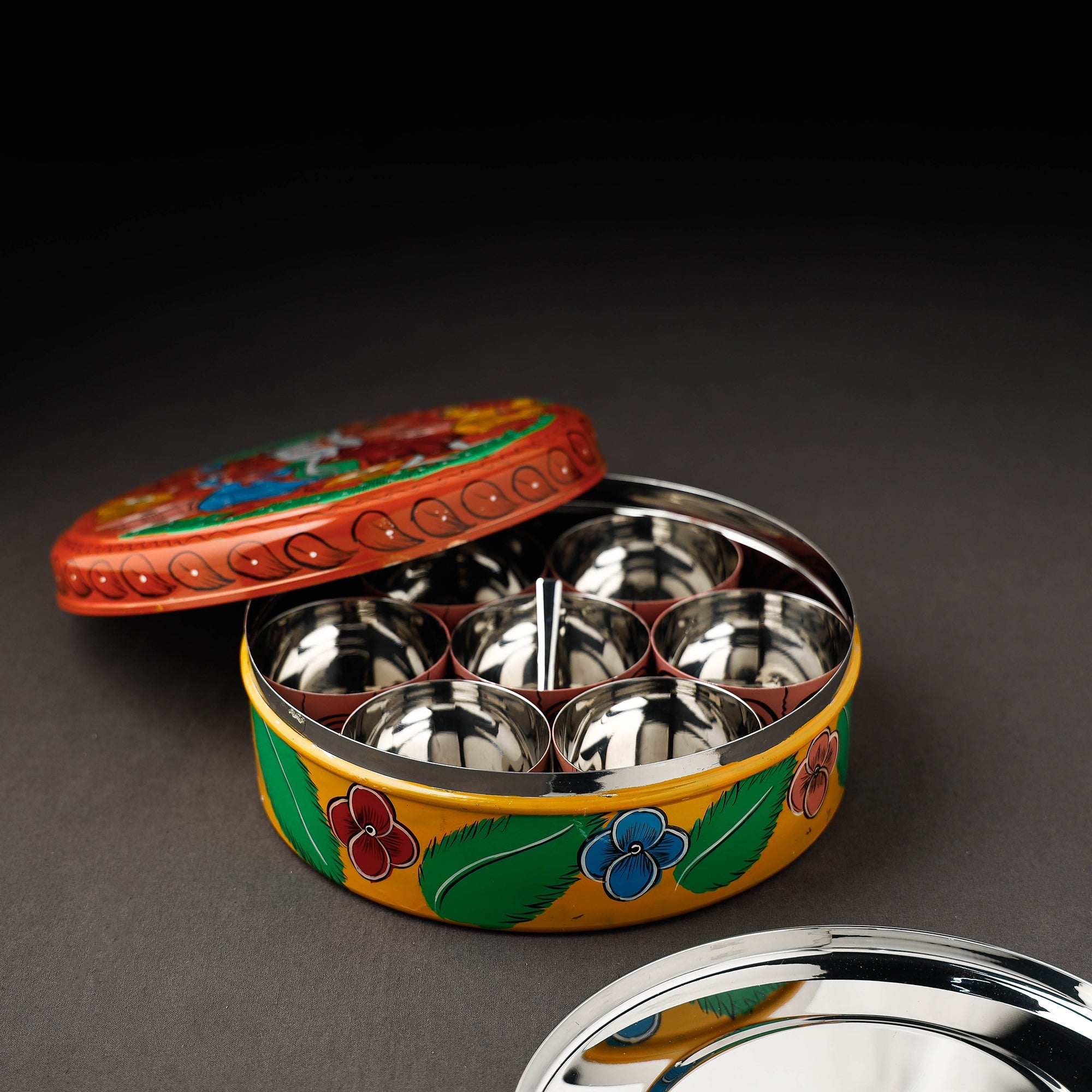 Bengal Patua Handpainted Stainless Steel Multicolor Masala Box