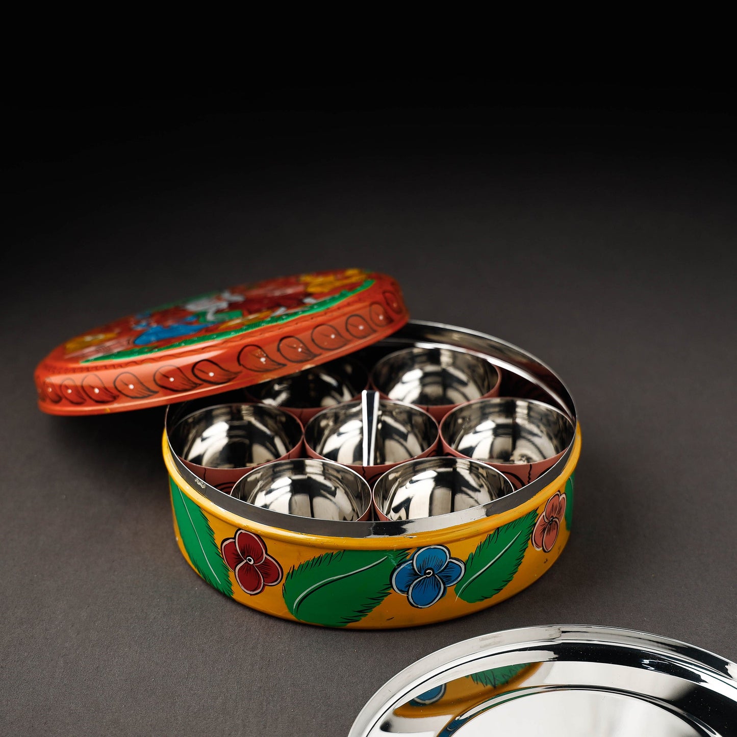 Bengal Patua Handpainted Stainless Steel Multicolor Masala Box