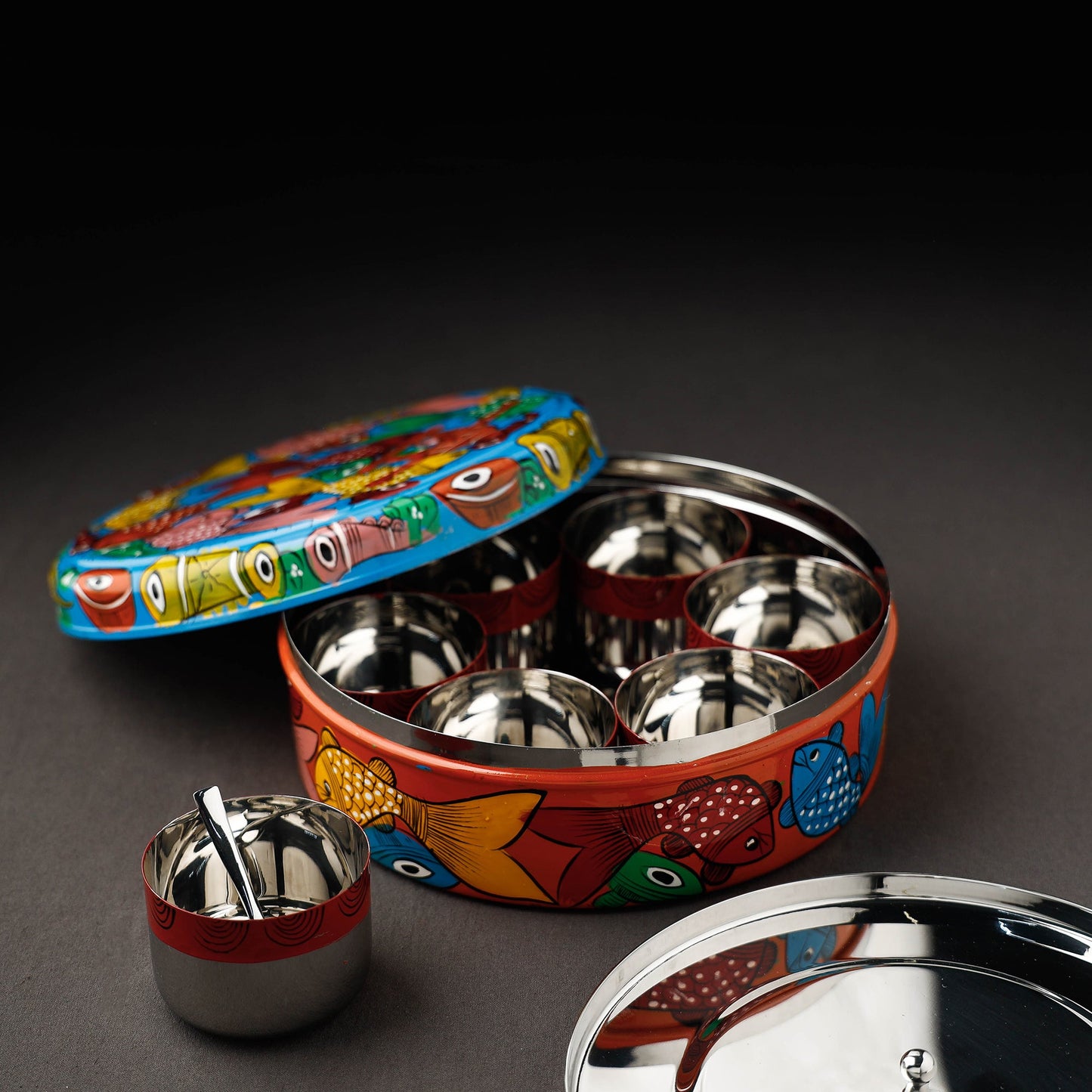 Bengal Patua Handpainted Stainless Steel Multicolor Masala Box