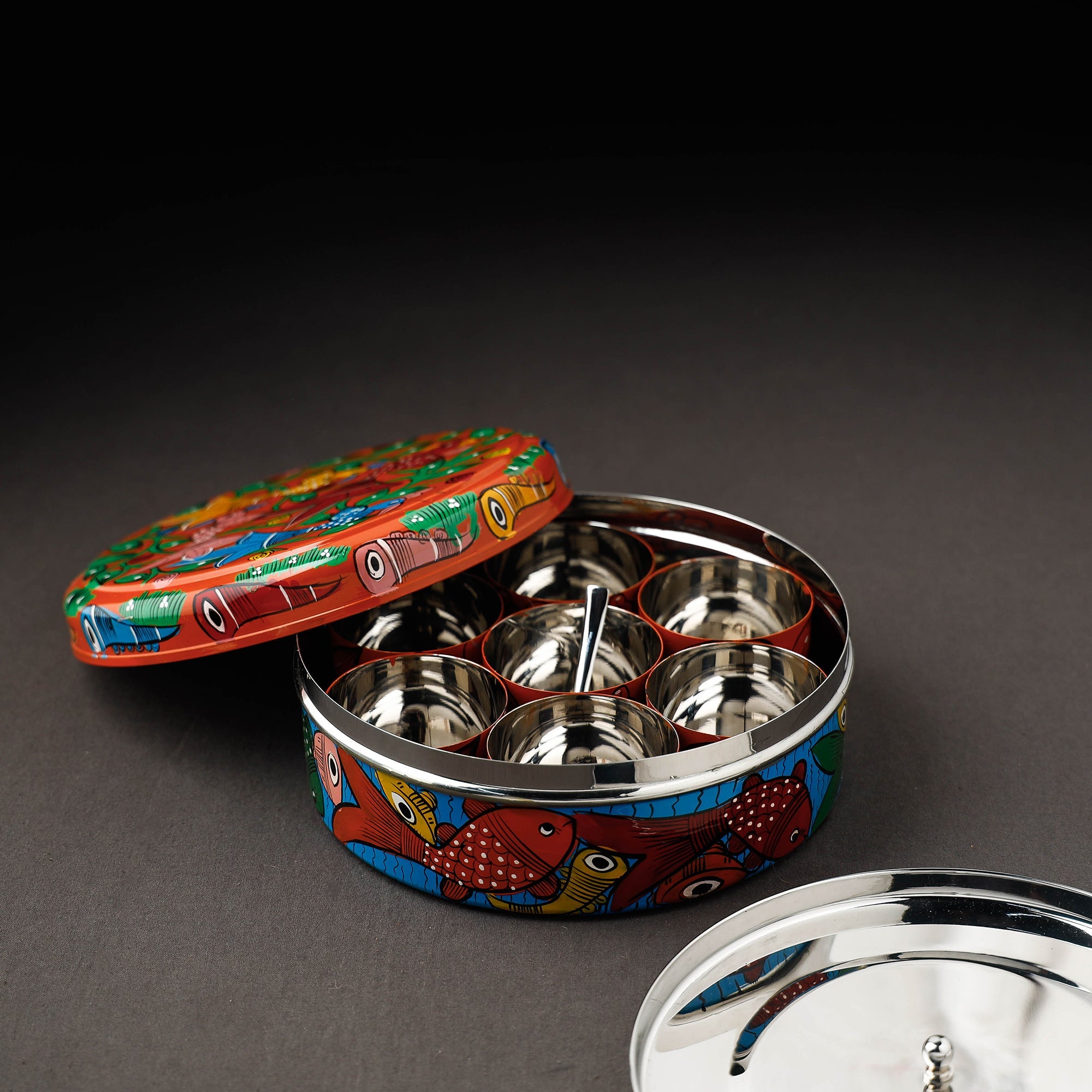 Bengal Patua Handpainted Stainless Steel Multicolor Masala Box