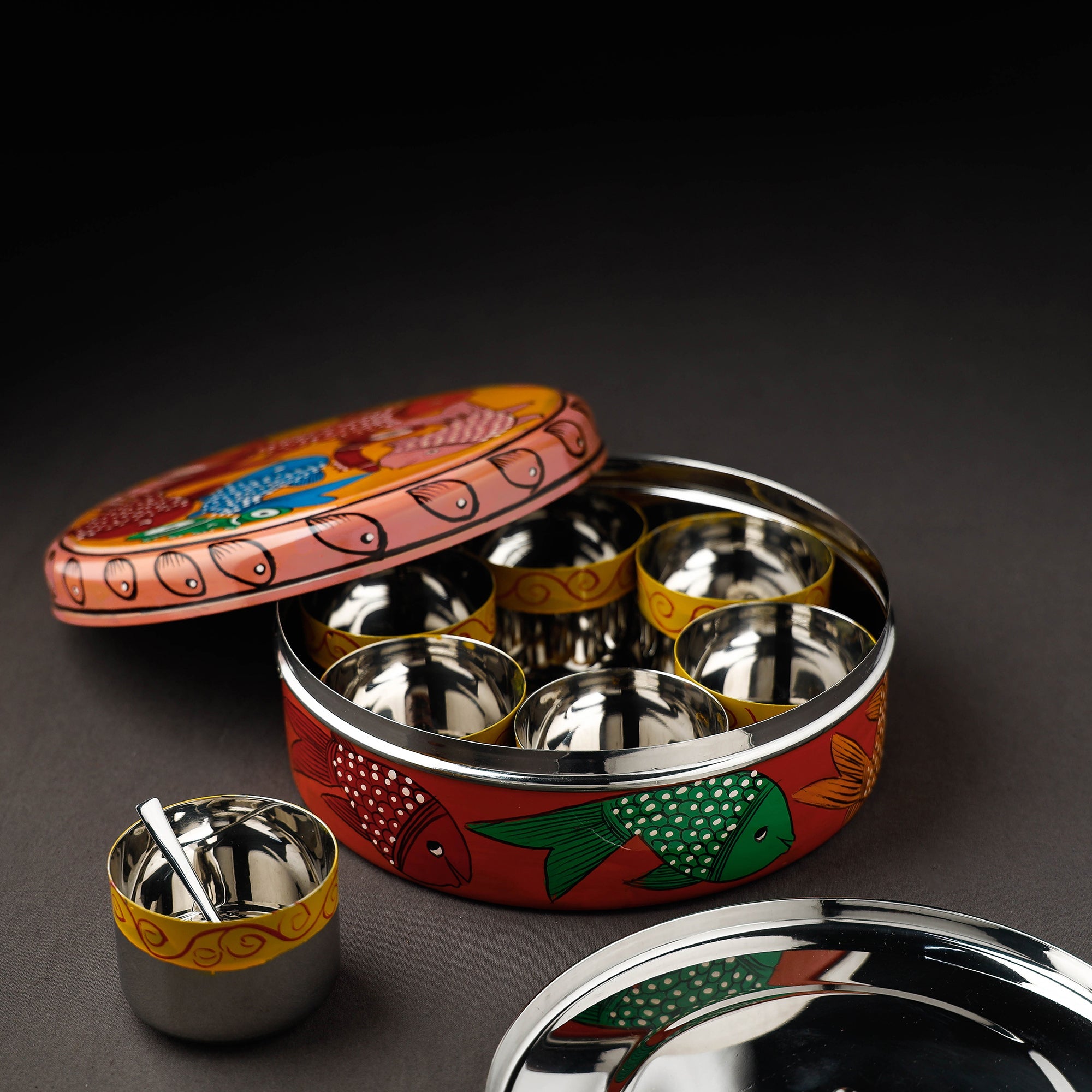 Bengal Patua Handpainted Stainless Steel Multicolor Masala Box