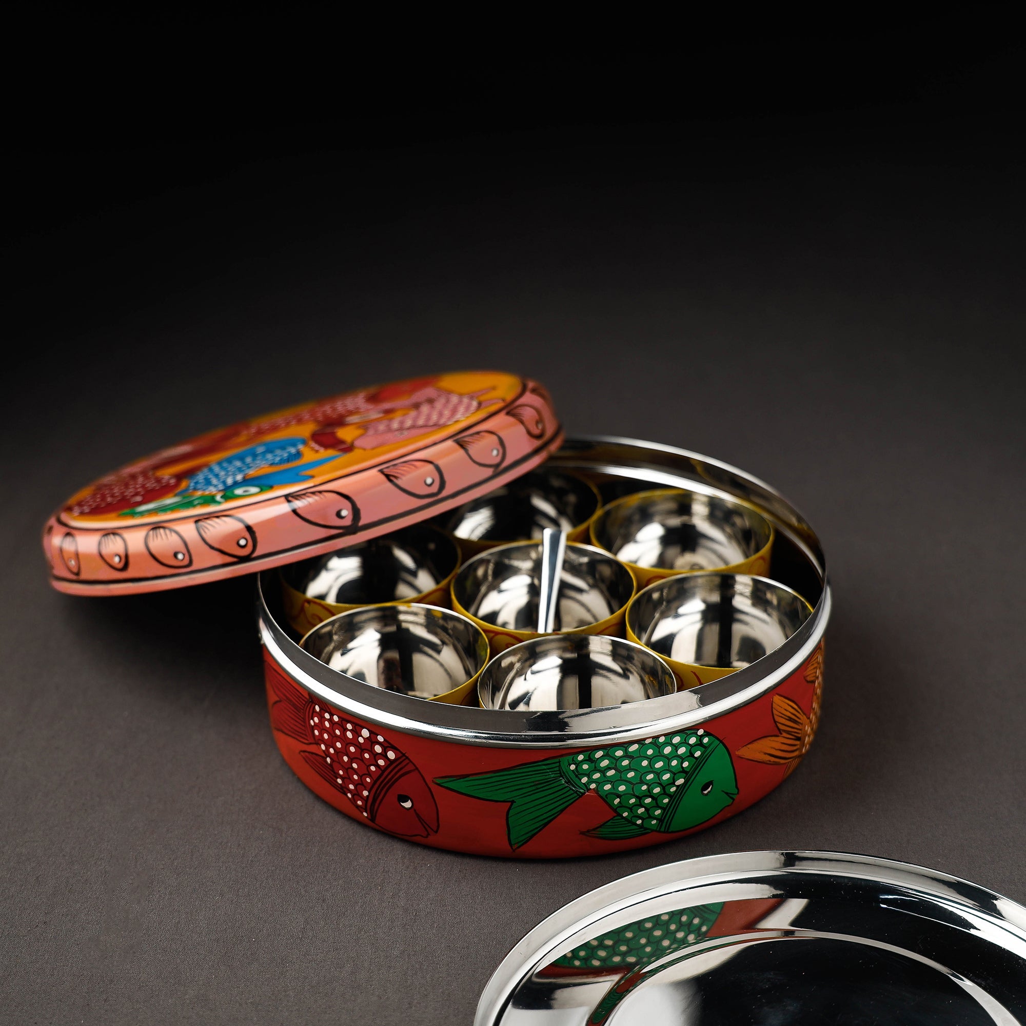 Bengal Patua Handpainted Stainless Steel Multicolor Masala Box