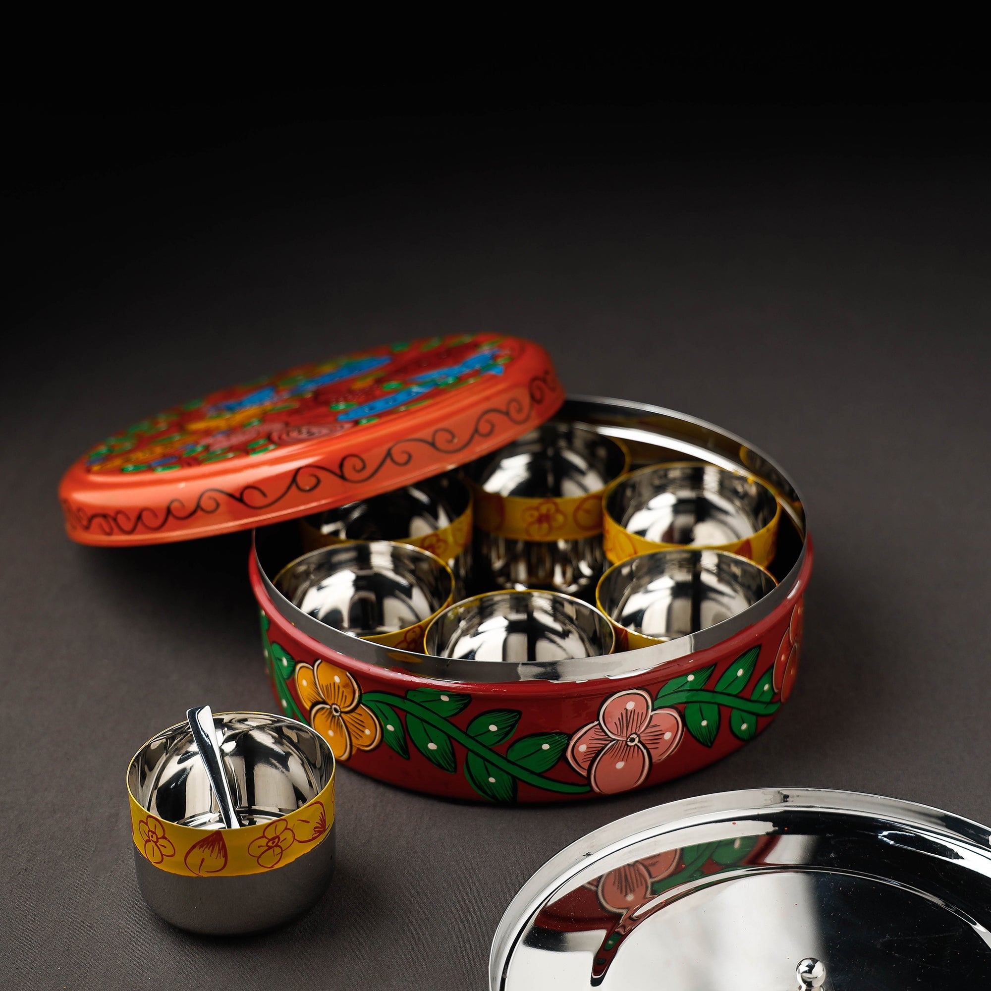 Bengal Patua Handpainted Stainless Steel Multicolor Masala Box 