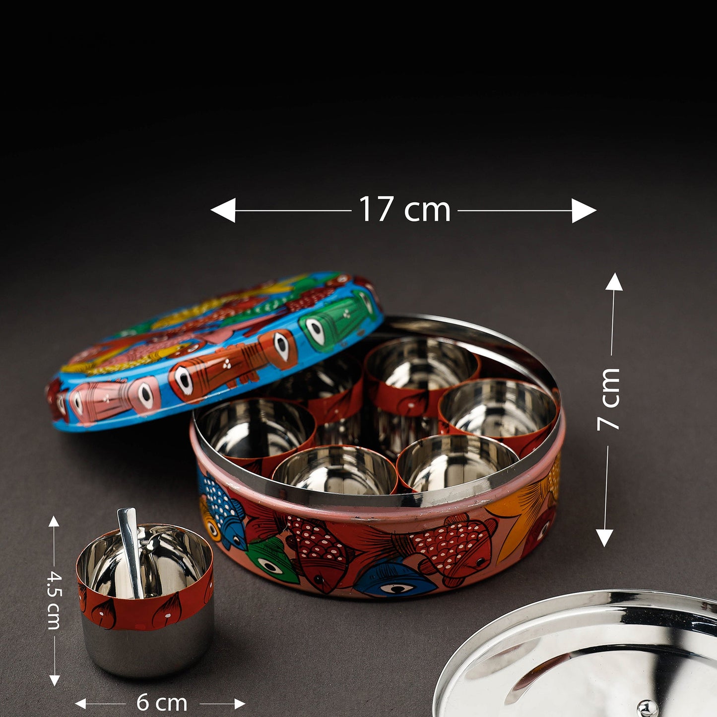 Bengal Patua Handpainted Stainless Steel Multicolor Masala Box