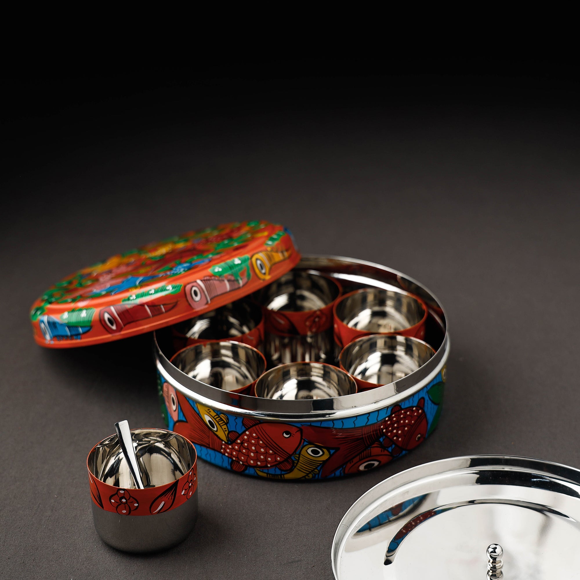 Bengal Patua Handpainted Stainless Steel Multicolor Masala Box