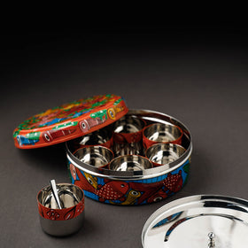 Bengal Patua Handpainted Stainless Steel Multicolor Masala Box