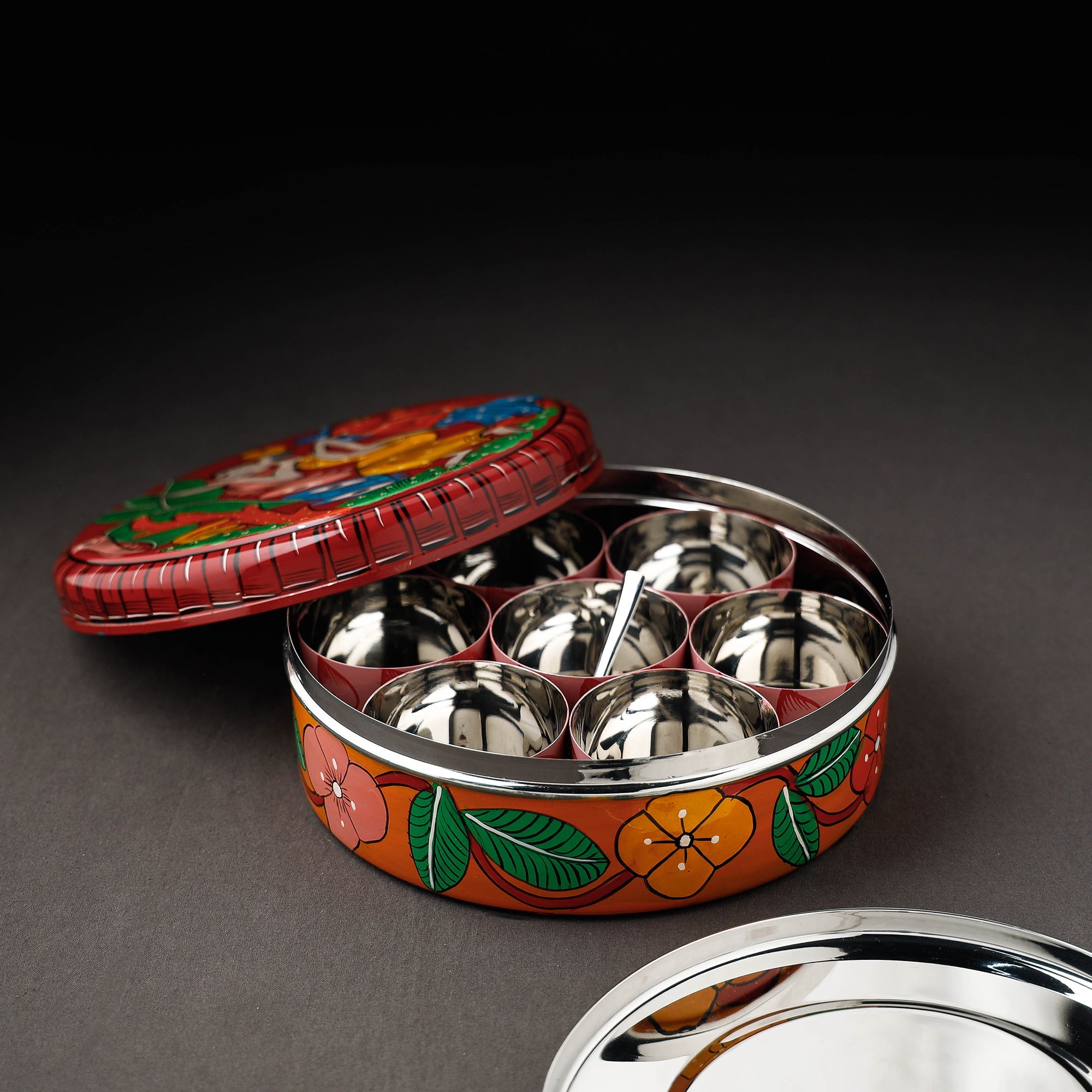  Bengal Patua Handpainted Stainless Steel Multicolor Masala Box