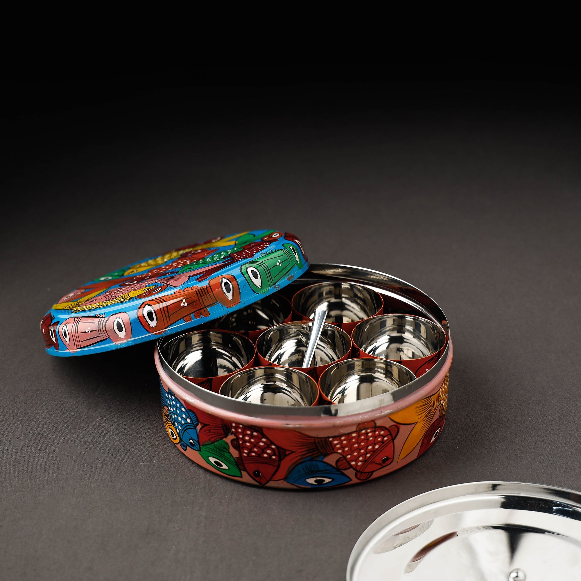 Bengal Patua Handpainted Stainless Steel Multicolor Masala Box