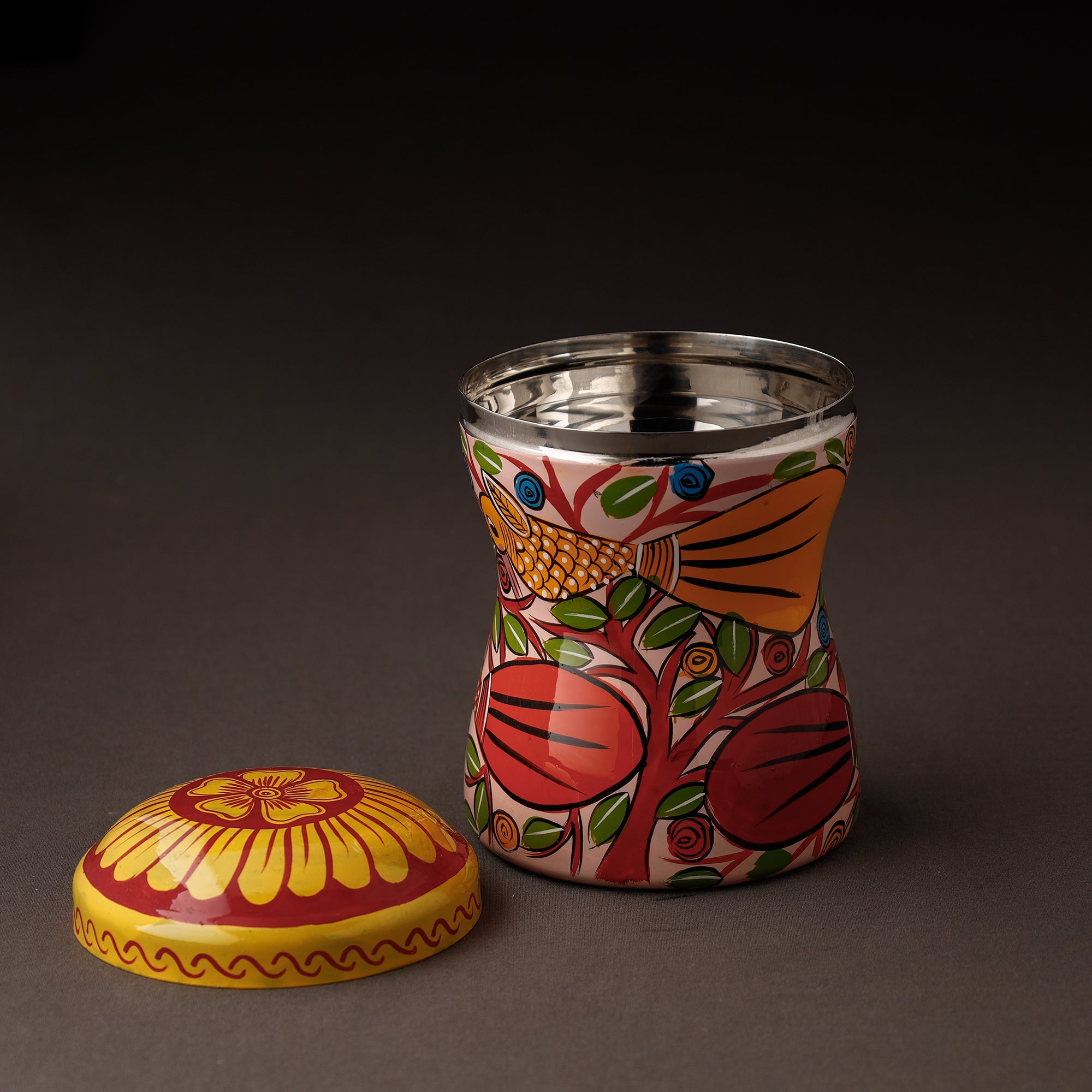 Multicolor Bengal Patua Handpainted Stainless Steel Multi Utility Canister