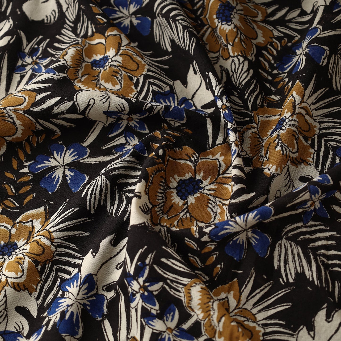 Multicolor Black with Flowers Block Printed Cotton Bagru Fabric