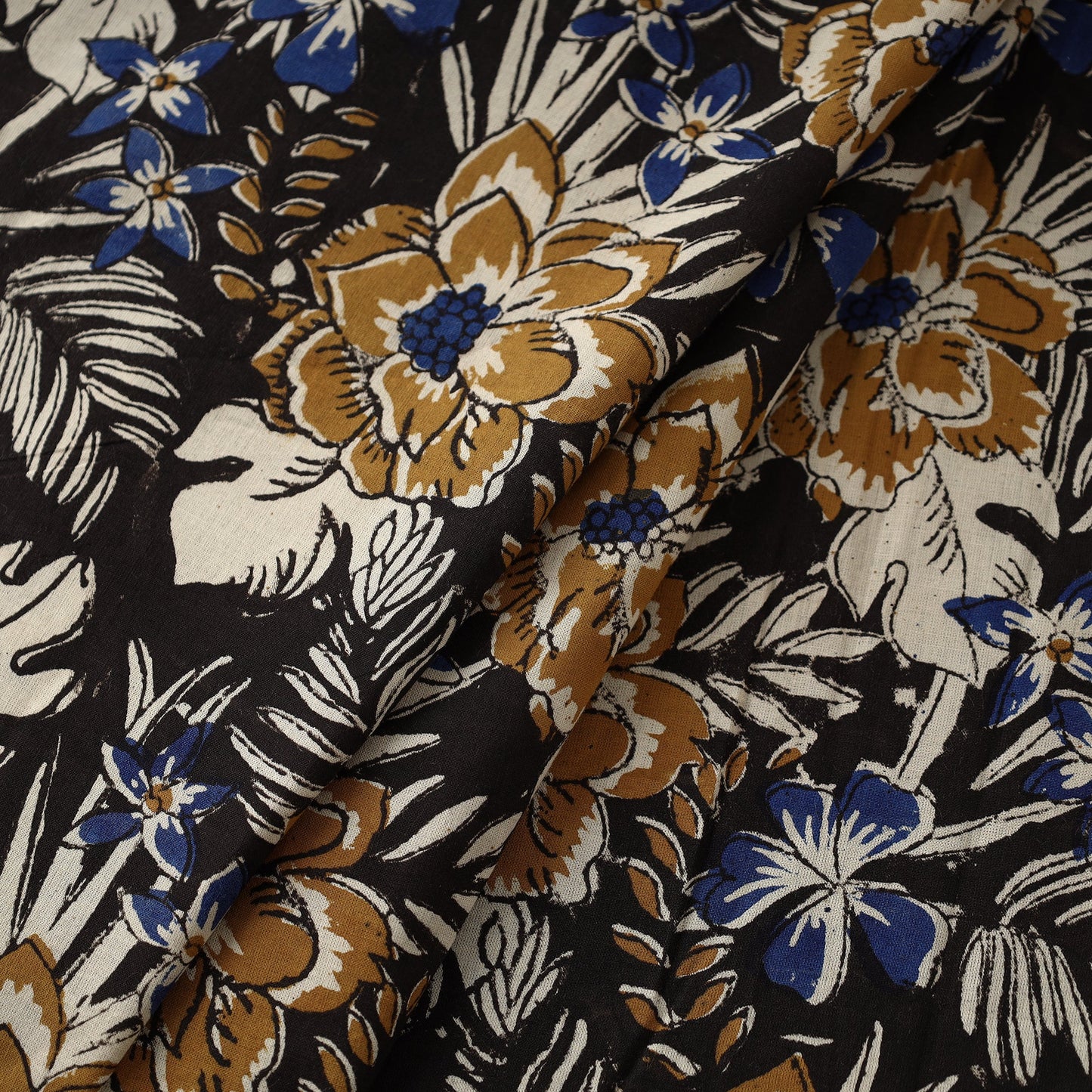 Multicolor Black with Flowers Block Printed Cotton Bagru Fabric